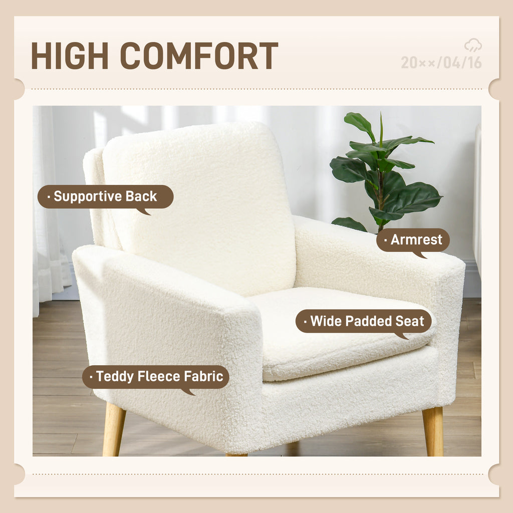 Modern Armchair, Upholstered Accent Chair with Wood Legs and Wide Padded Seat, Teddy Occasional Chair, Cream White | HOMCOM-2