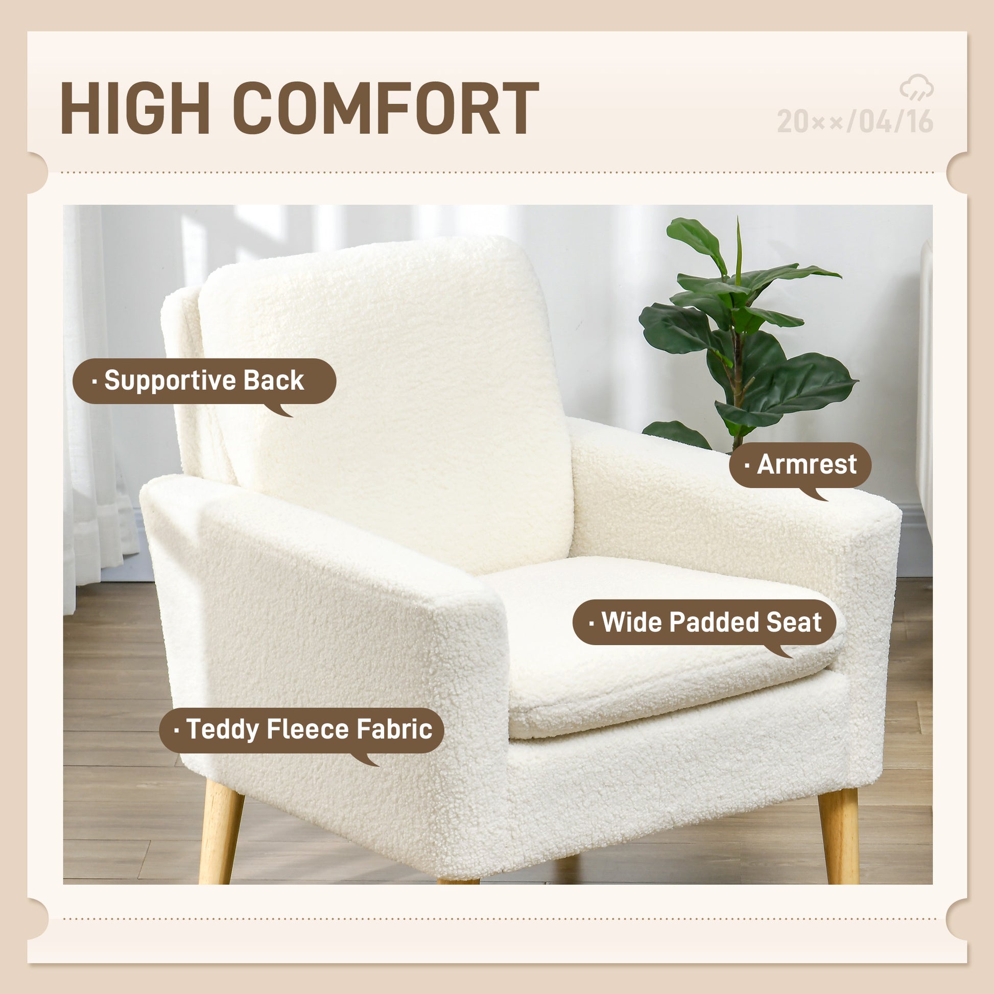 Modern Armchair, Upholstered Accent Chair with Wood Legs and Wide Padded Seat, Teddy Occasional Chair, Cream White | HOMCOM-2
