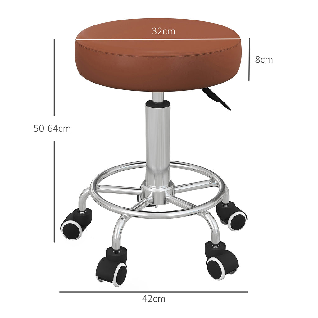 PU Leather Rolling Stool, Height Adjustable Stool Chair with Wheels for Salon, Massage, Spa, Brown | Vinsetto-1
