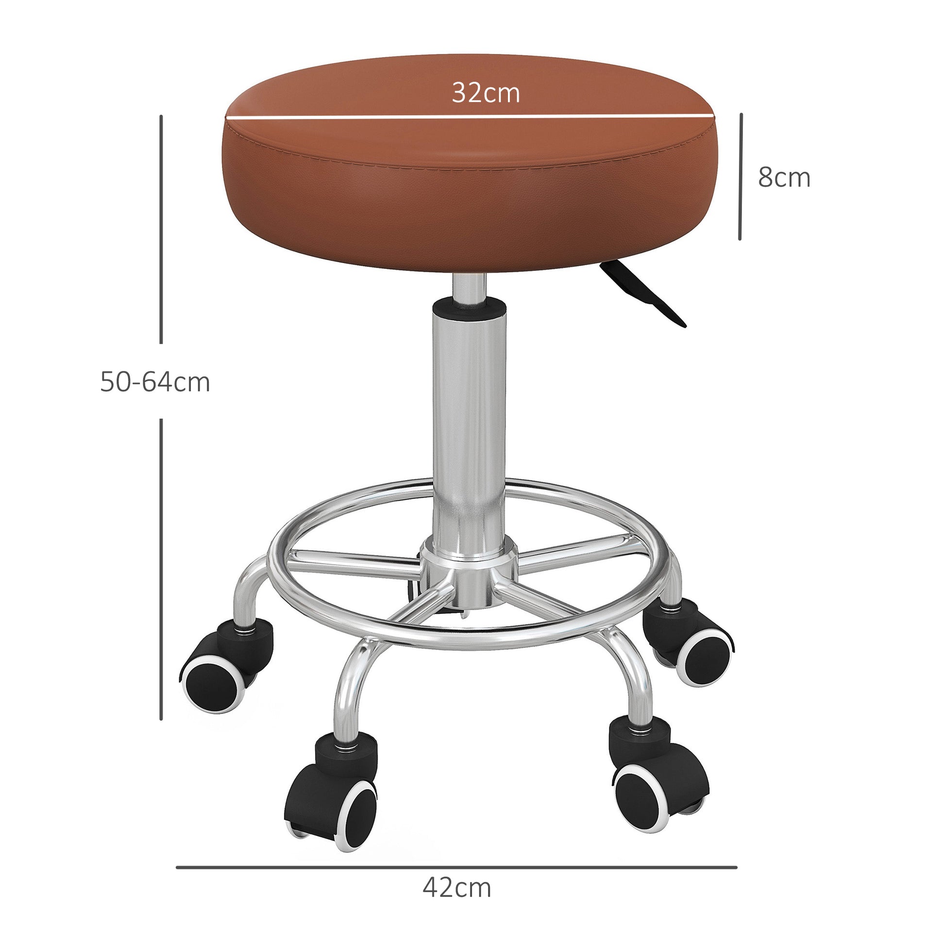 PU Leather Rolling Stool, Height Adjustable Stool Chair with Wheels for Salon, Massage, Spa, Brown | Vinsetto-1