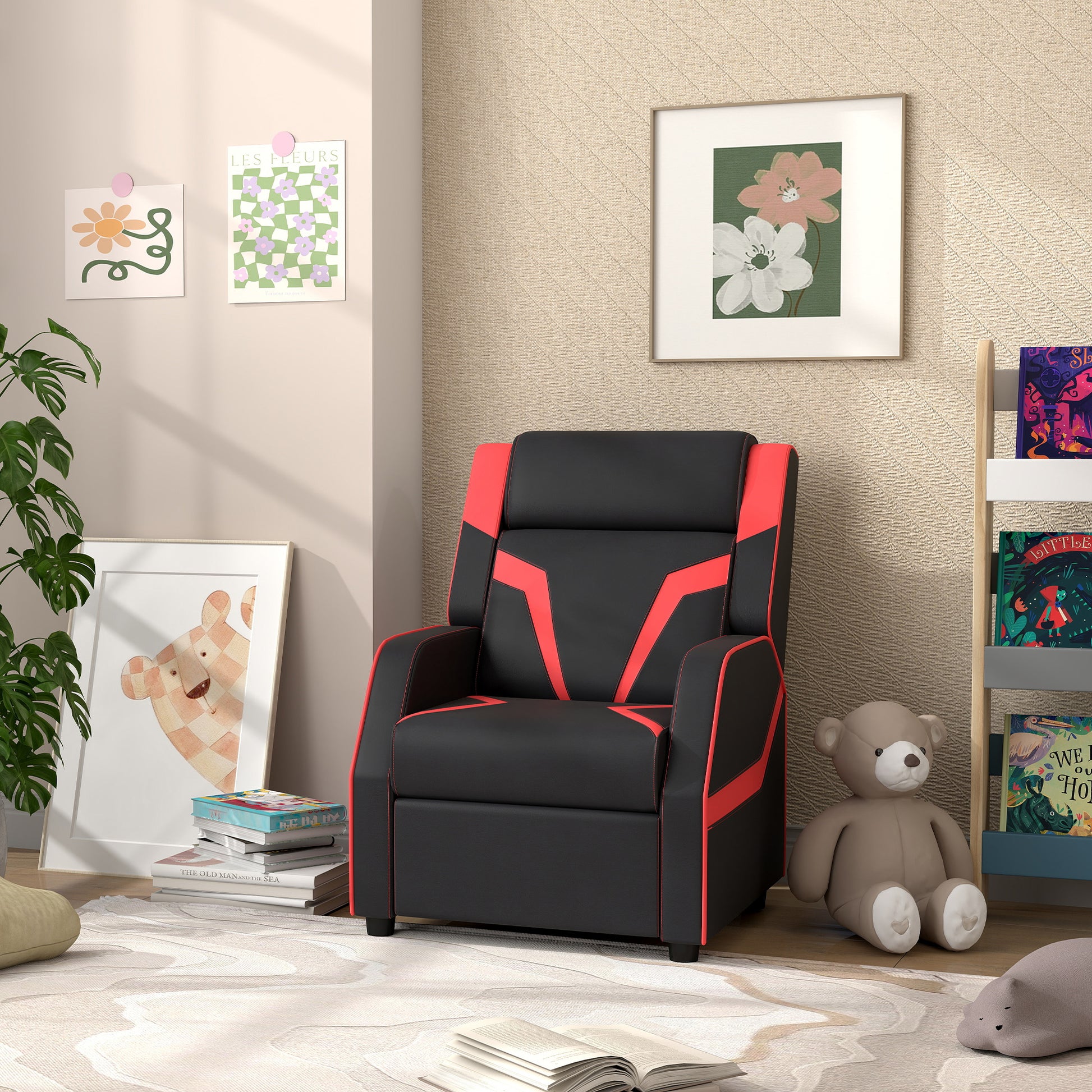 2 in 1 Black Kids Chair Recliner with Backrest, Armrest, Footrest, PU Leather for 3-9 Years Old by AIYAPLAY-8