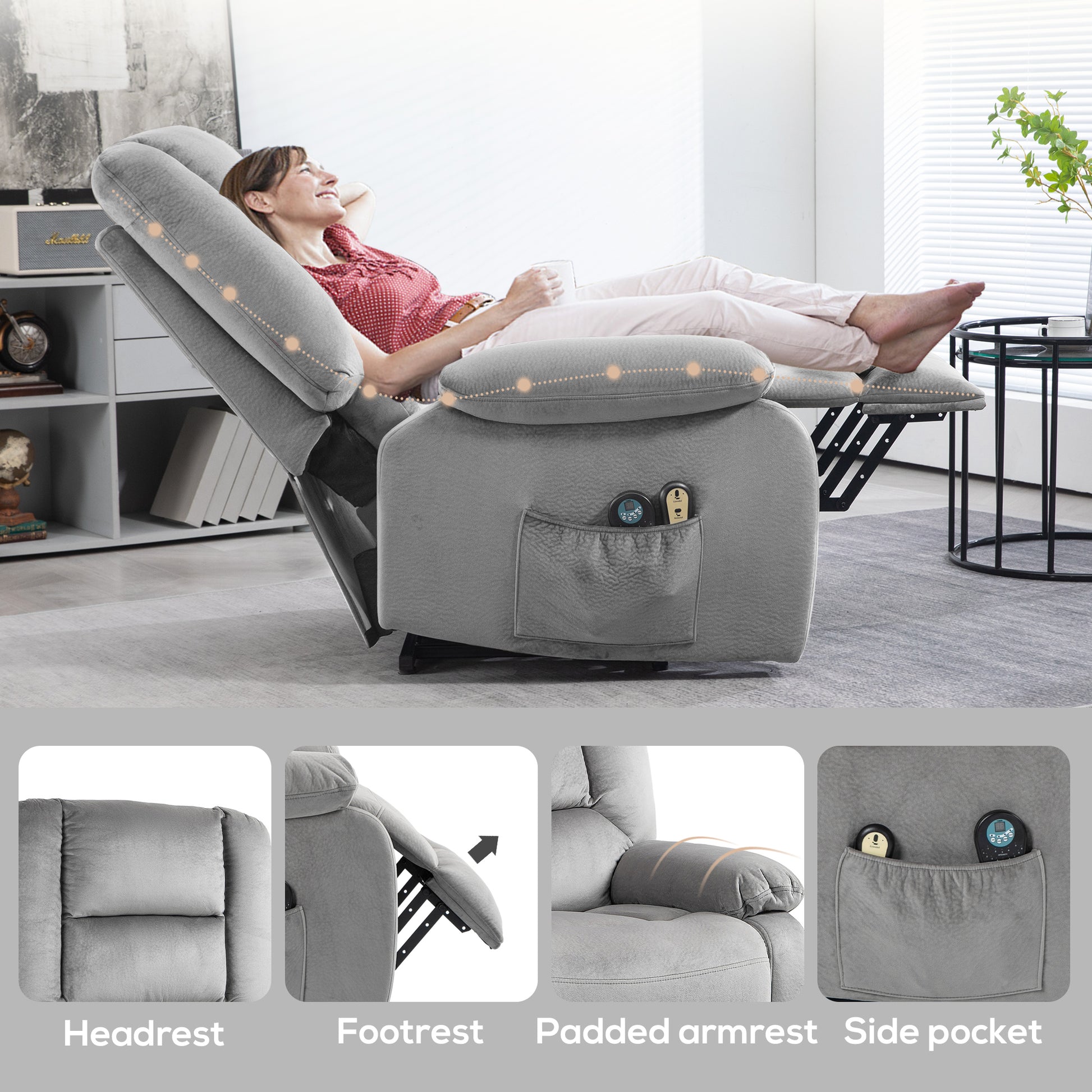 Electric Riser and Recliner Chair with Vibration Massage, Heat, Side Pocket, Grey by HOMCOM-7