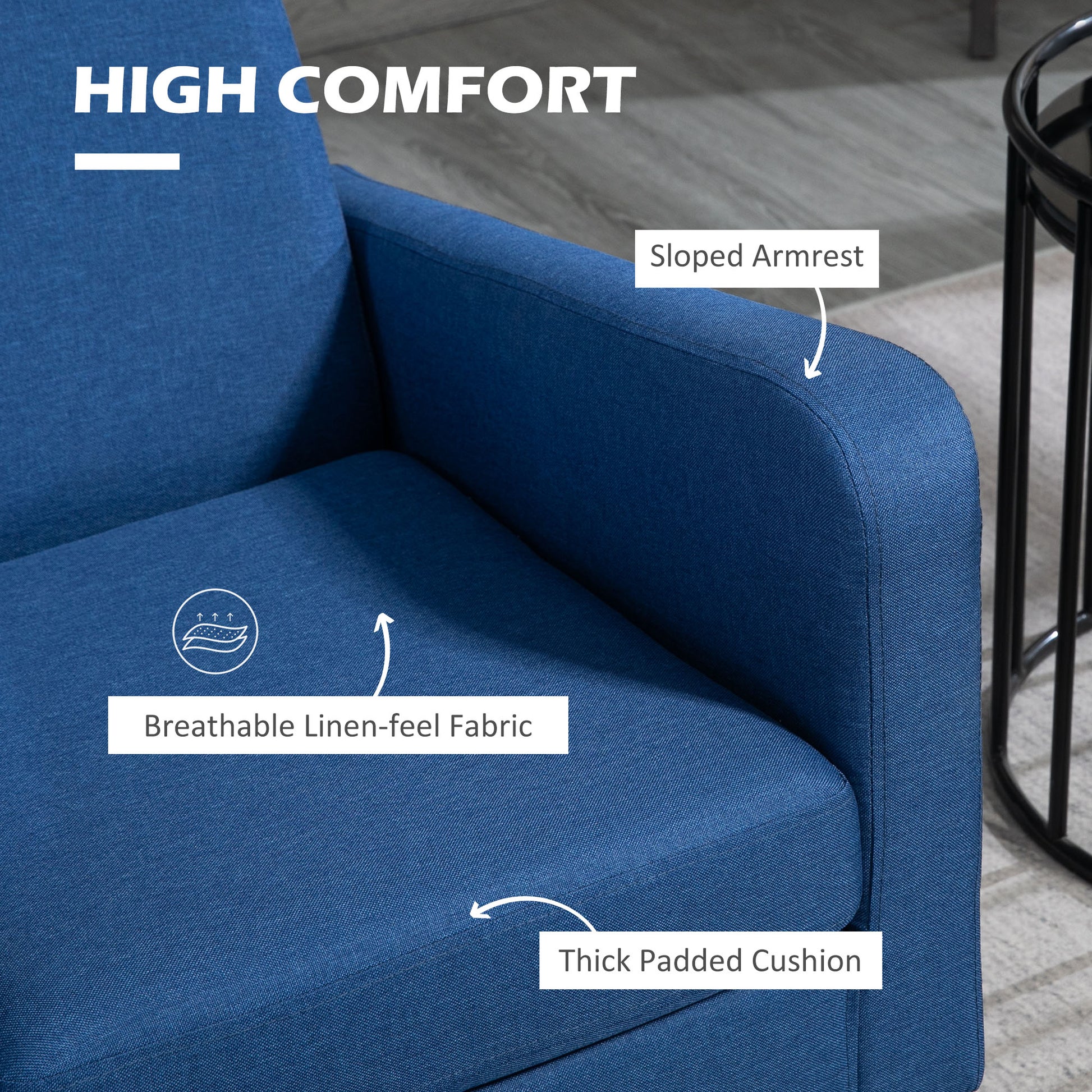 2 Pieces Modern Armchairs with Rubber Wood Legs, Upholstered Accent Chairs, Single Sofa for Living Room, Bedroom, Blue by HOMCOM-3
