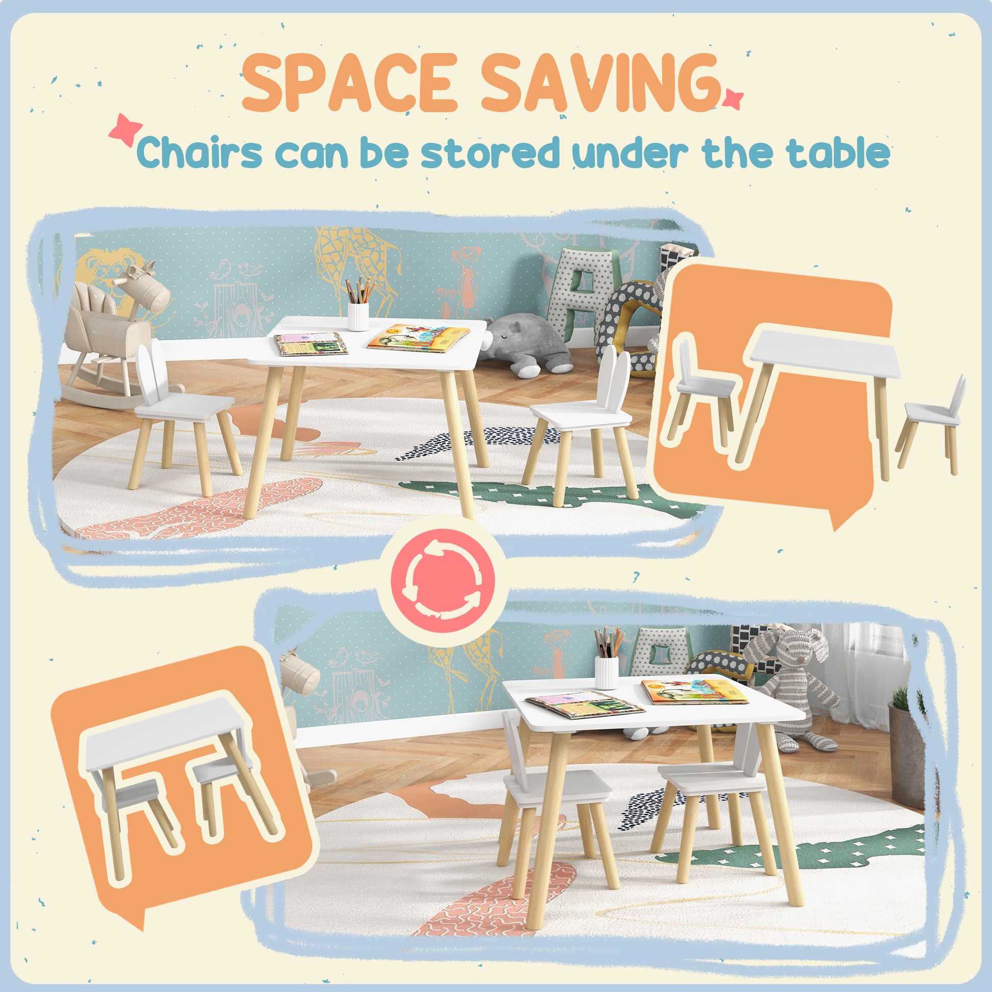 AIYAPLAY 3 Pcs Toddler Table and Chair Set, Kids Desk and 2 Chairs Set with Bunny Ear Backrest, for Nursery, Playroom-4