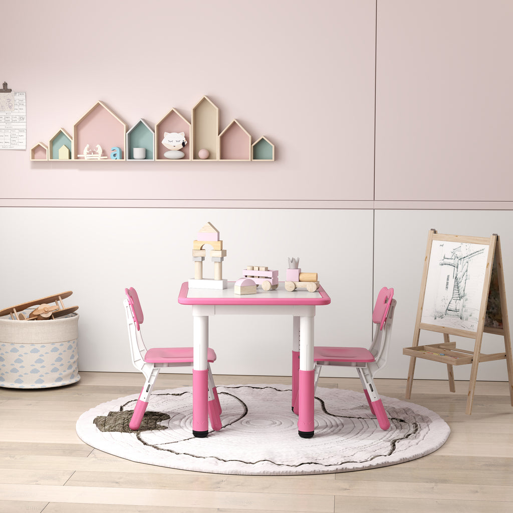 Height Adjustable Toddler Table and Chair Set, 3 Pcs Children Activity Table w/ 2 Chairs, for Playroom, Bedroom - Pink by AIYAPLAY-6