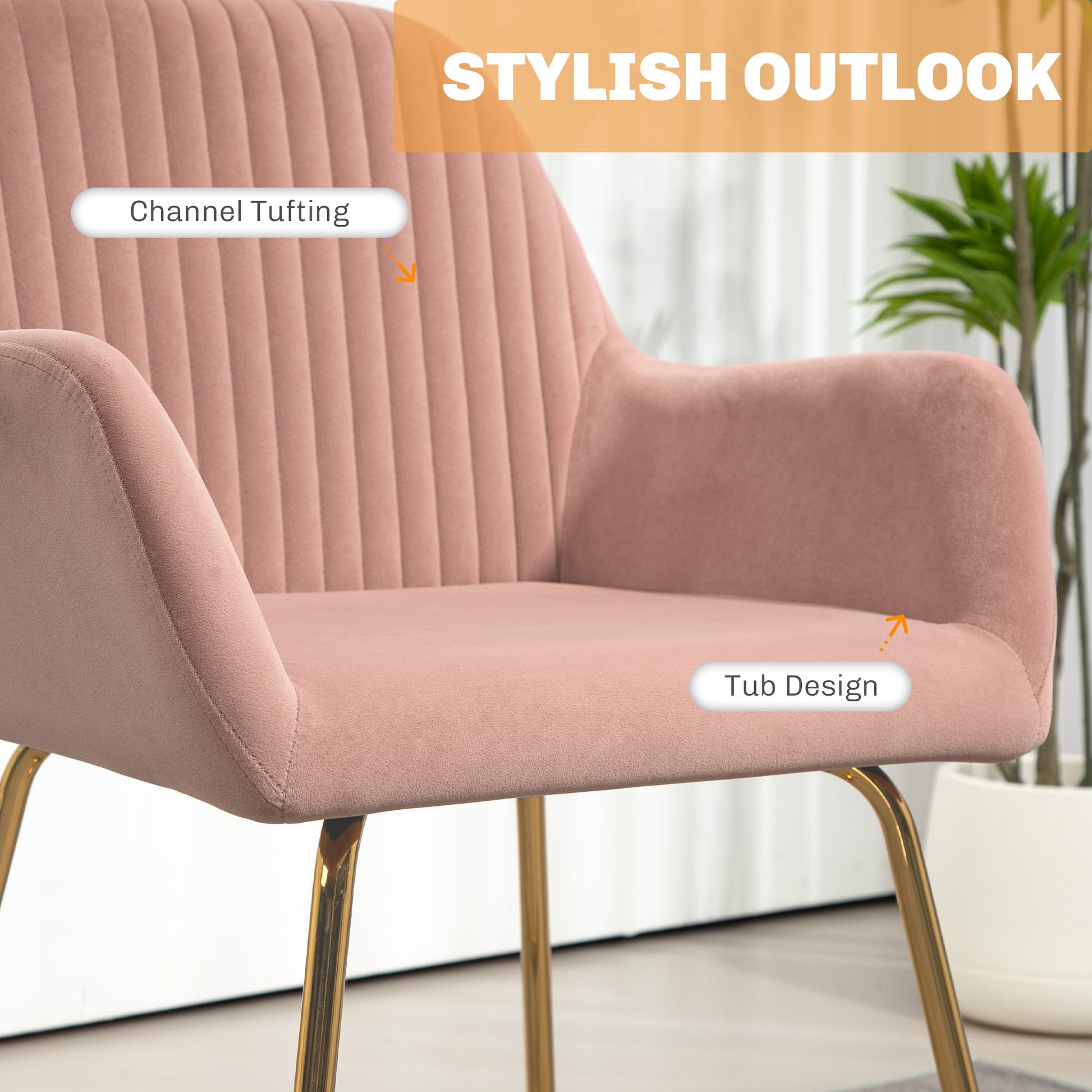 HOMCOM Modern Arm Chair Upholstered Accent Chair with Metal Base for Living Room in Pink-2