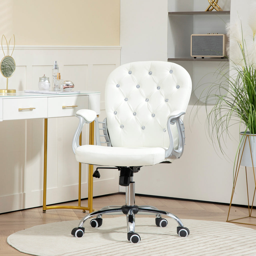 Home or Office Chair with 360° Swivel, PU Diamante Padded, Base 5 Castor Wheels, Ergonomic Desk Chair in White by Vinsetto-8