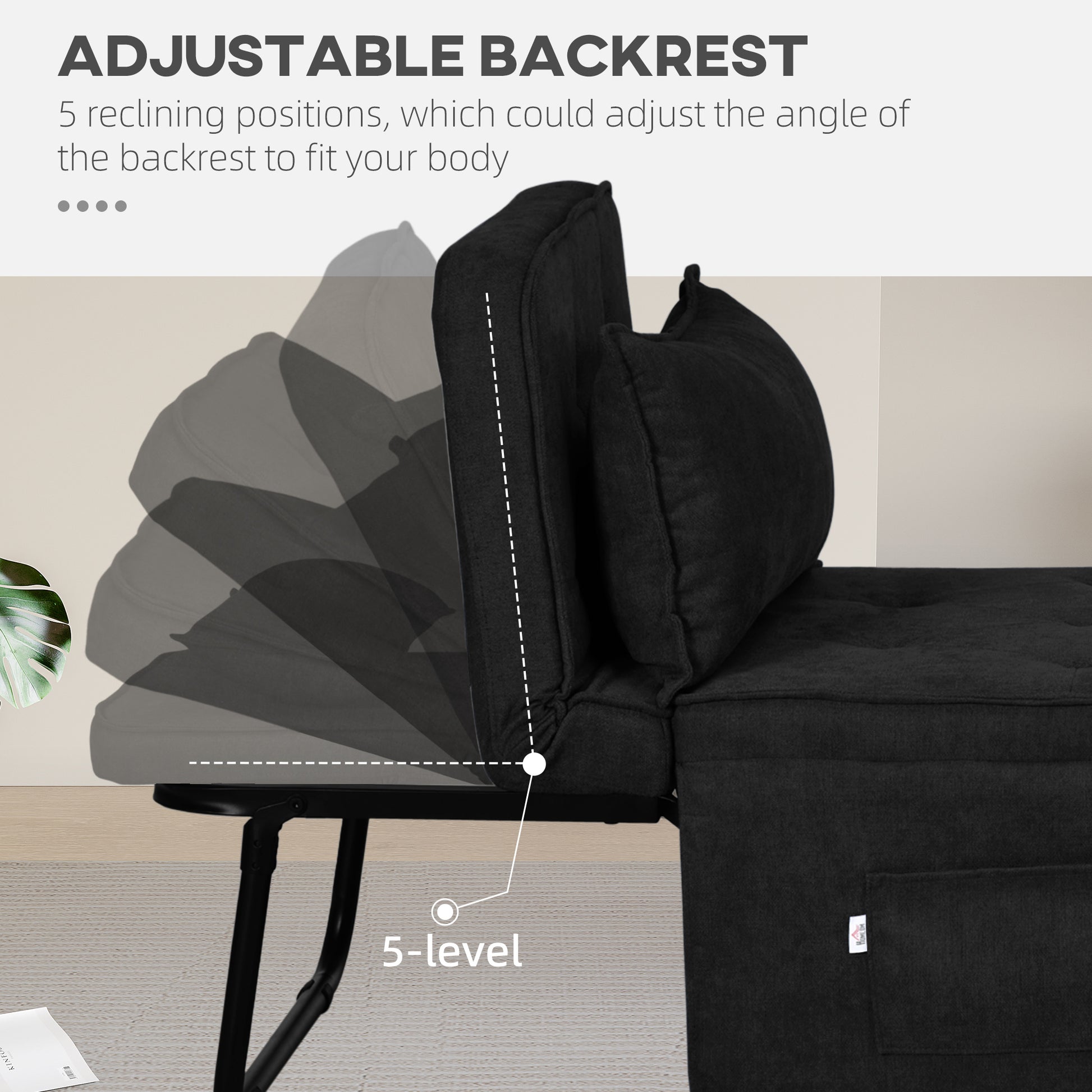 HOMCOM Fabric Sleeper Chair, Folding Chair Bed with Adjustable Backrest, Pillow, Side Pockets for Living Room, Black-3
