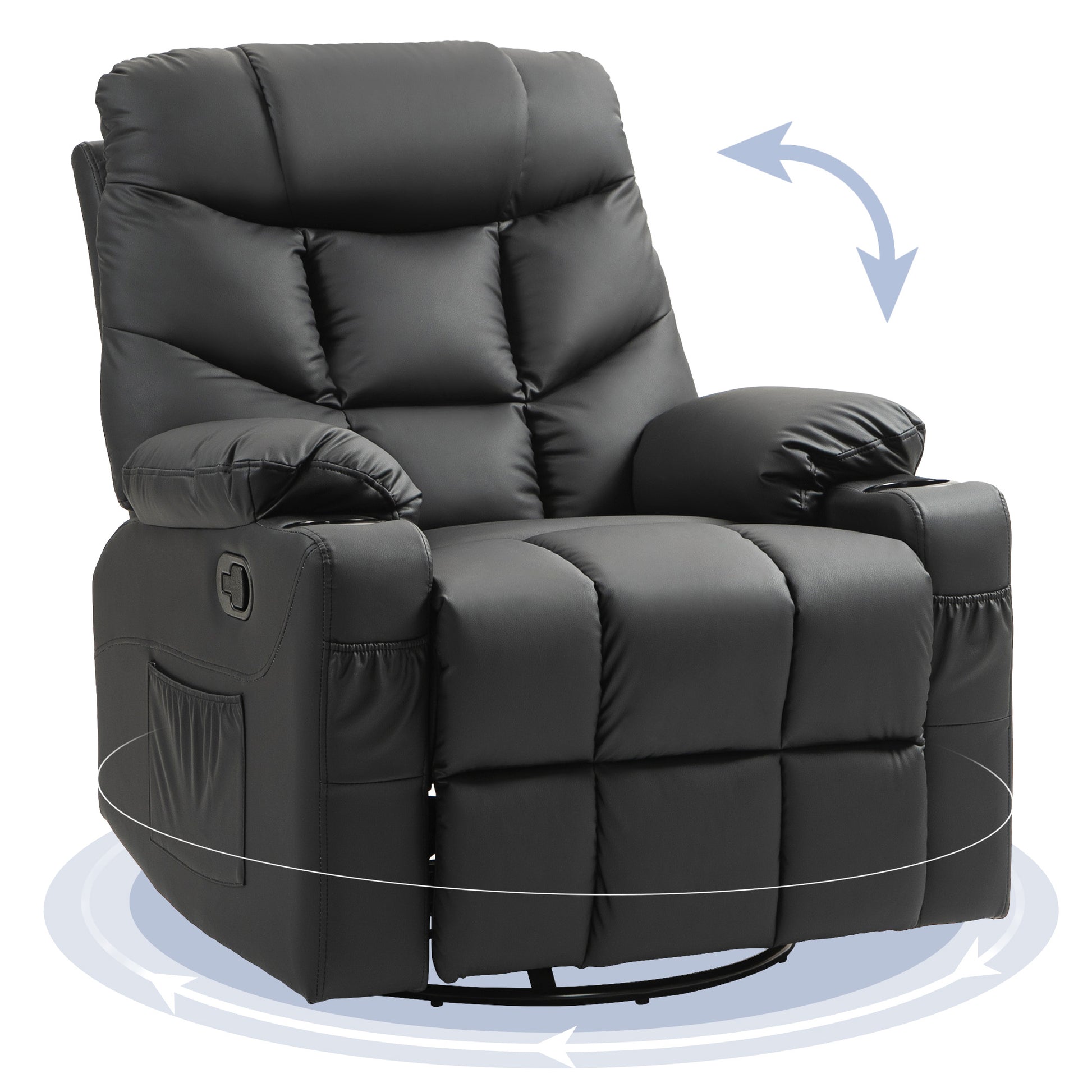 HOMCOM Manual Reclining Chair, Recliner Armchair with Swivel, Faux Leather, Footrest, Cup Holders, 86x93x102cm in Black-0