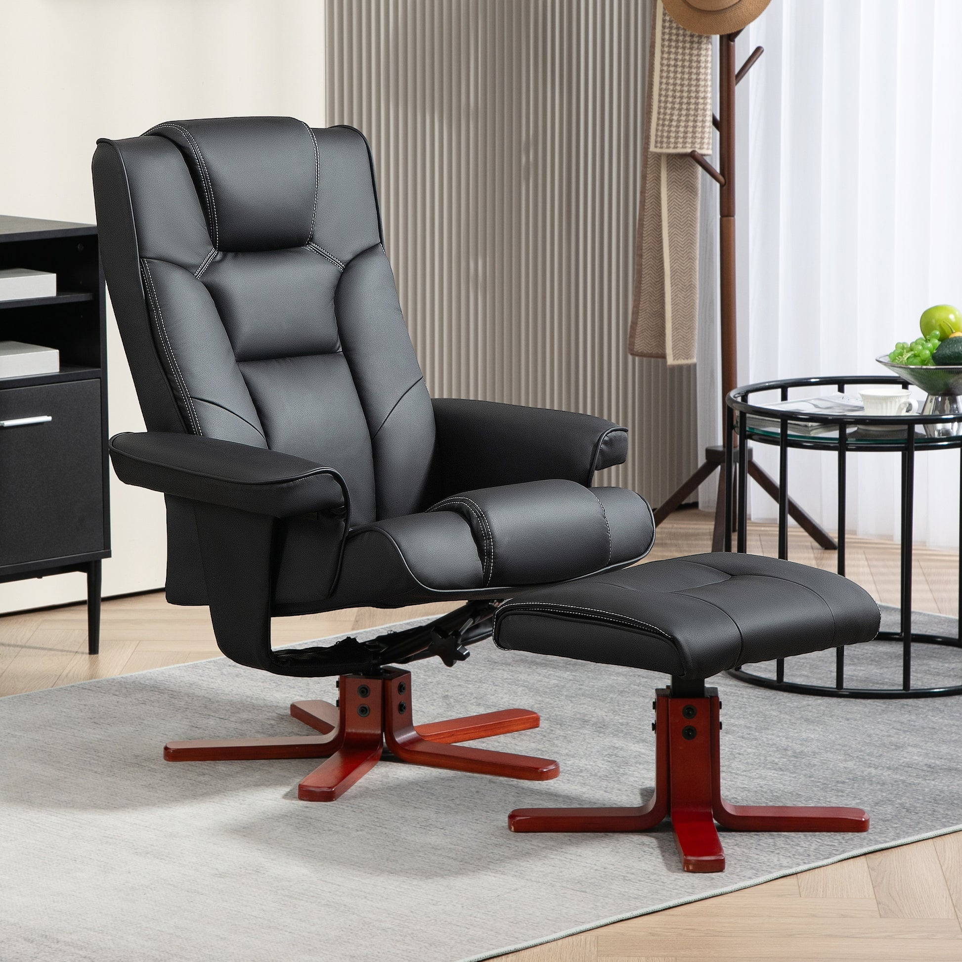 HOMCOM Faux Leather Manual Recliner and Footstool Set in Black-8