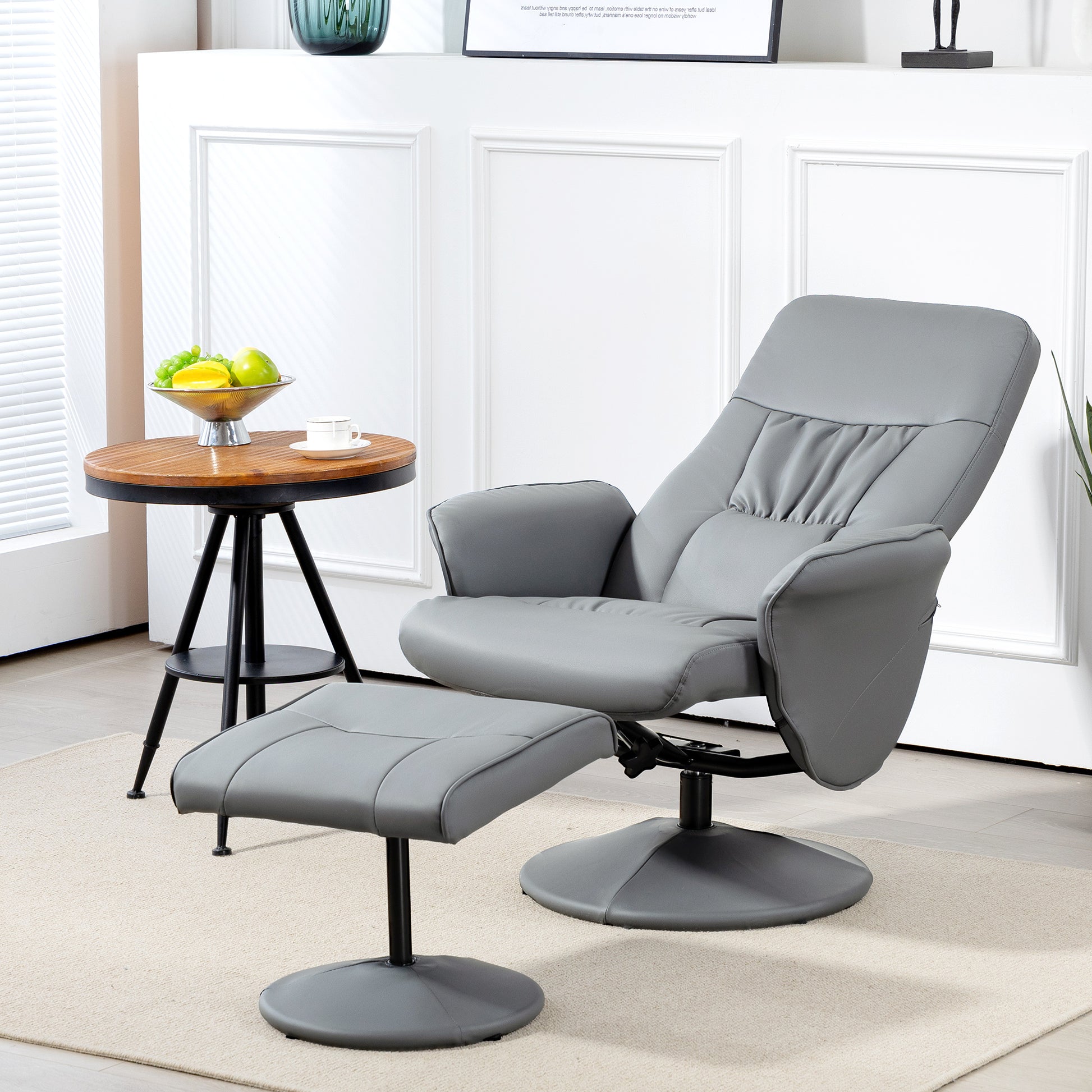 Swivel Recliner Chair with Footstool, HOMCOM PU Leather Armchair and Ottoman with High Back and Round Base for Living Room in Light Grey-8