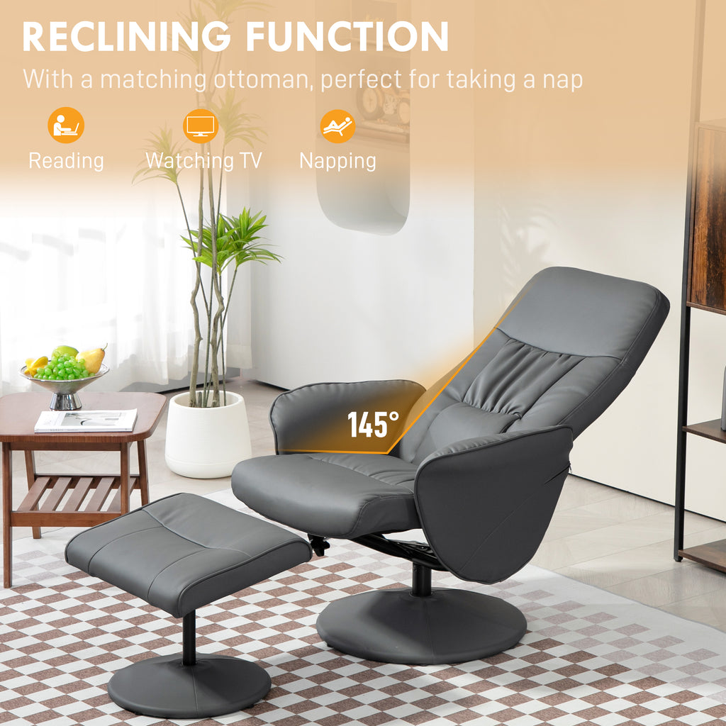 Swivel Recliner Chair with Footstool, PU Leather Armchair and Ottoman with High Back and Round Base for Living Room in Grey | HOMCOM-2