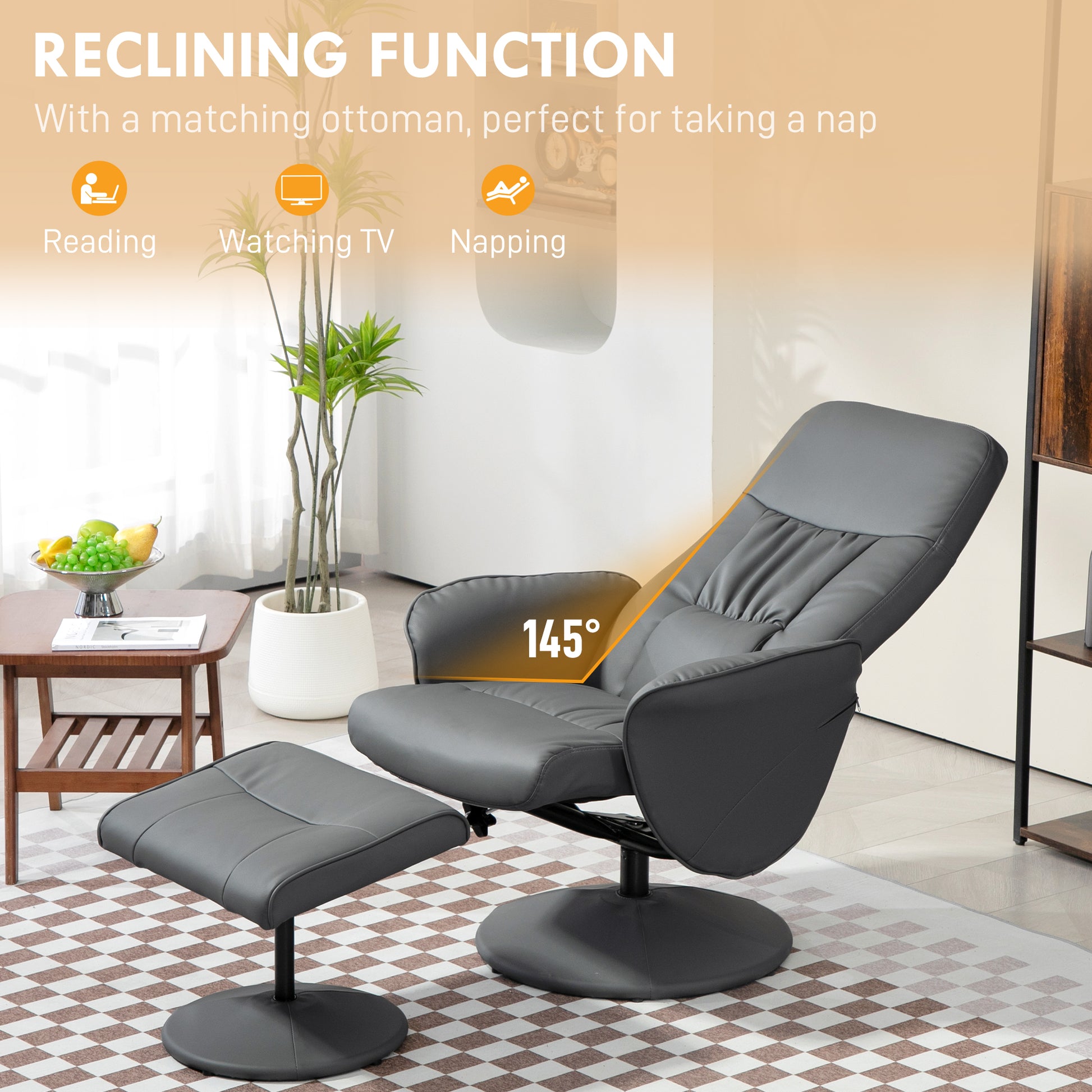 Swivel Recliner Chair with Footstool, PU Leather Armchair and Ottoman with High Back and Round Base for Living Room in Grey | HOMCOM-2