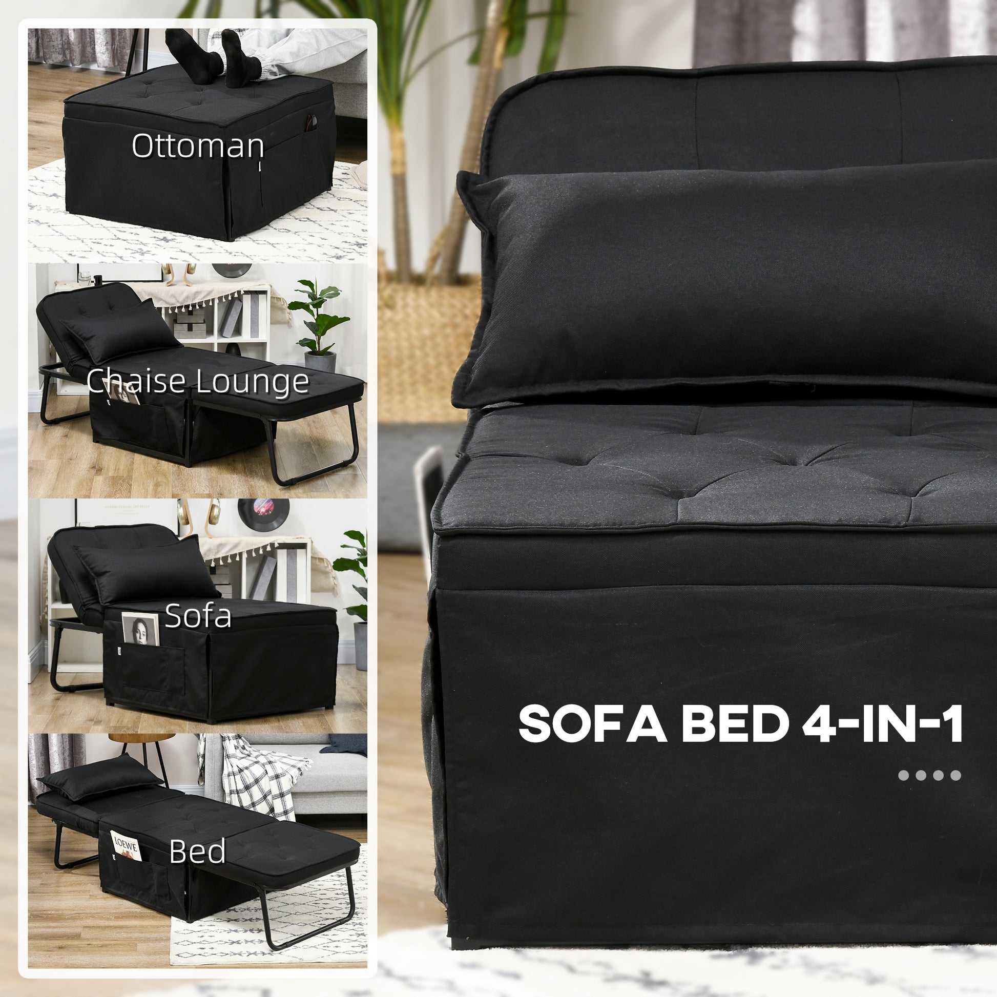 HOMCOM Fabric Sleeper Chair, Folding Chair Bed with Adjustable Backrest, Pillow, Side Pockets for Living Room, Black-2