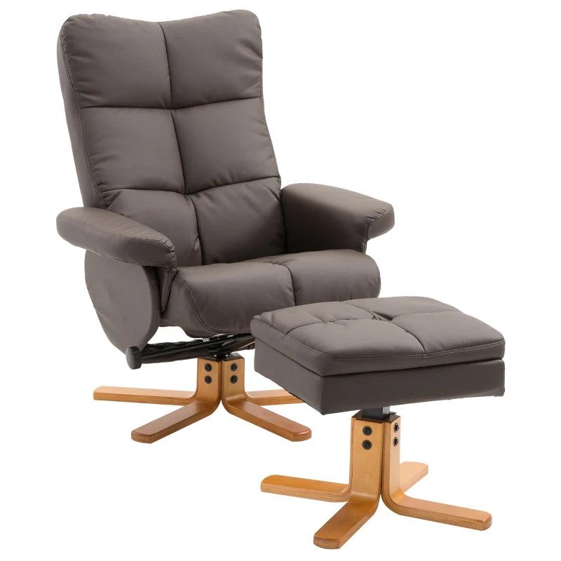 Faux Leather Swivel Recliner Chair with Footstool, Armchair with Wooden Base and Storage for Living Room in Brown | HOMCOM-0