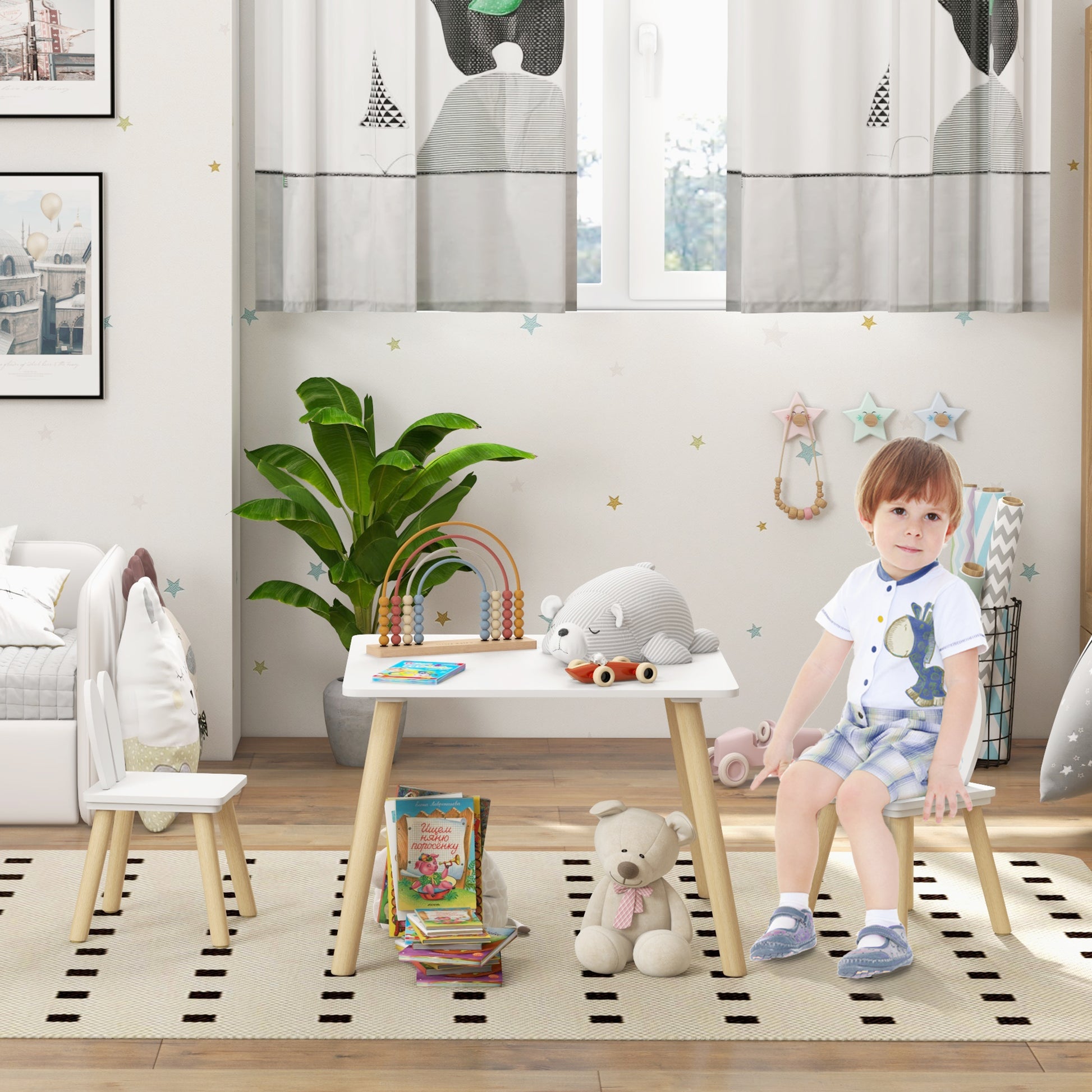 AIYAPLAY 3 Pcs Toddler Table and Chair Set, Kids Desk and 2 Chairs Set with Bunny Ear Backrest, for Nursery, Playroom-8
