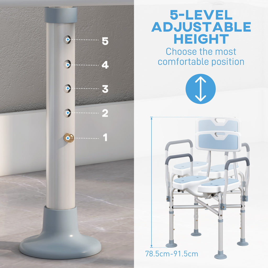 HOMCOM Shower Chair with Upgraded U-shaped Seat and Reinforced Crossbars, Height Adjustable Padded Bath Chair with Non-slip Feet for Elderly in Light Blue-3