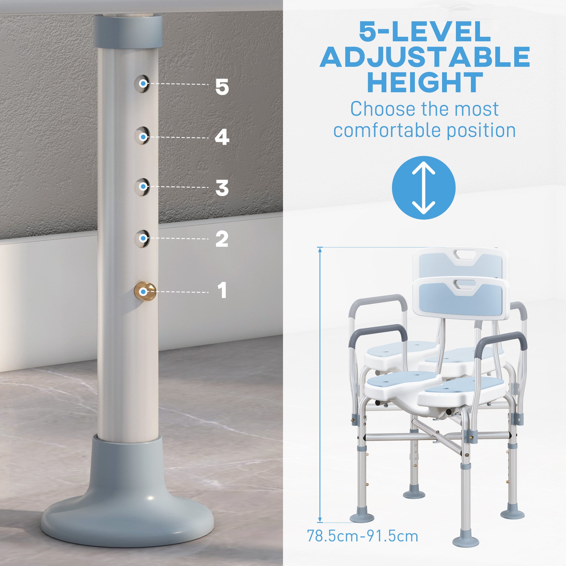 HOMCOM Shower Chair with Upgraded U-shaped Seat and Reinforced Crossbars, Height Adjustable Padded Bath Chair with Non-slip Feet for Elderly in Light Blue-3