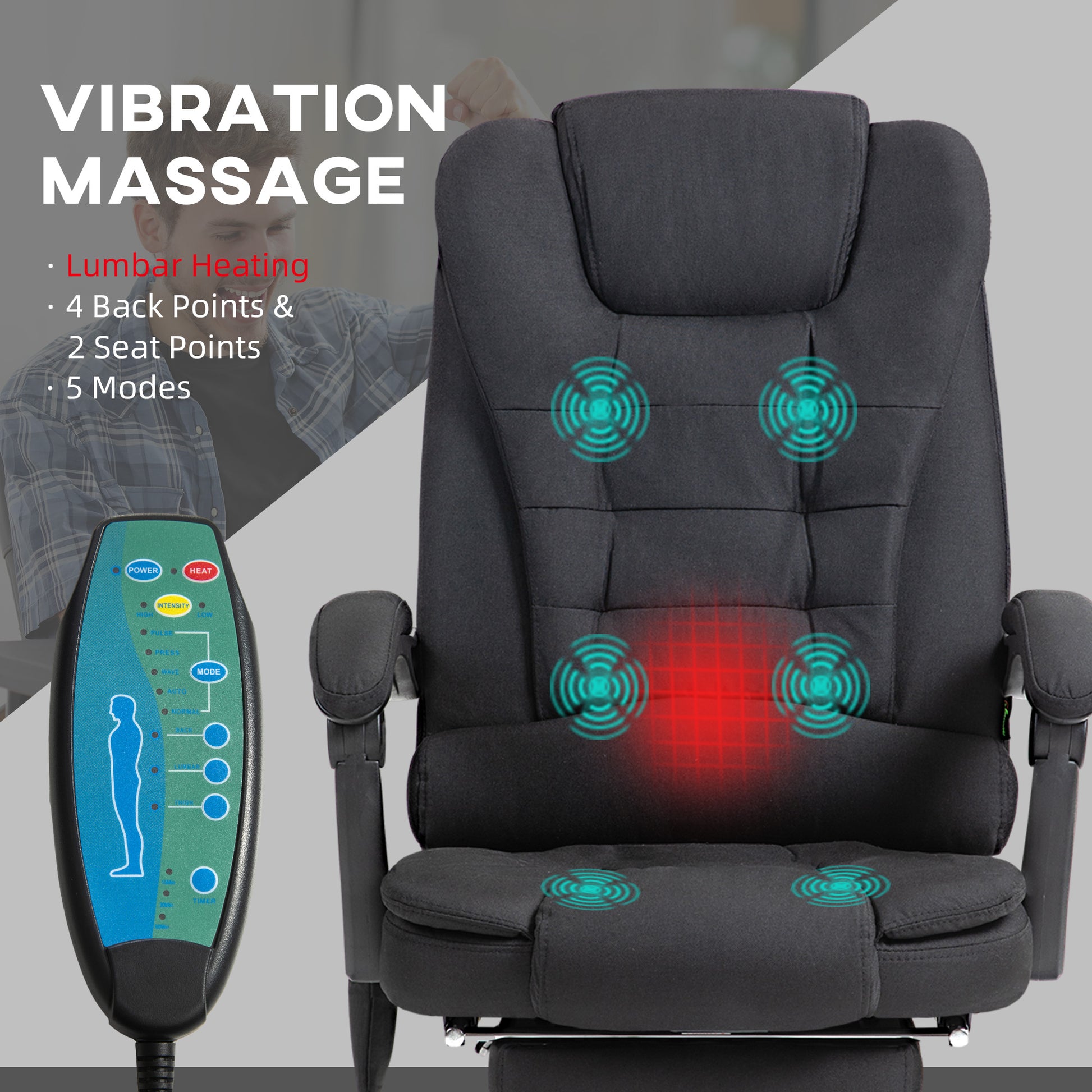 6-Points Executive Office Chair, Ergonomic Heated Vibration Massage Office Chair, Desk Chair w/ Reclining Back, Footrest, Black | Vinsetto-2