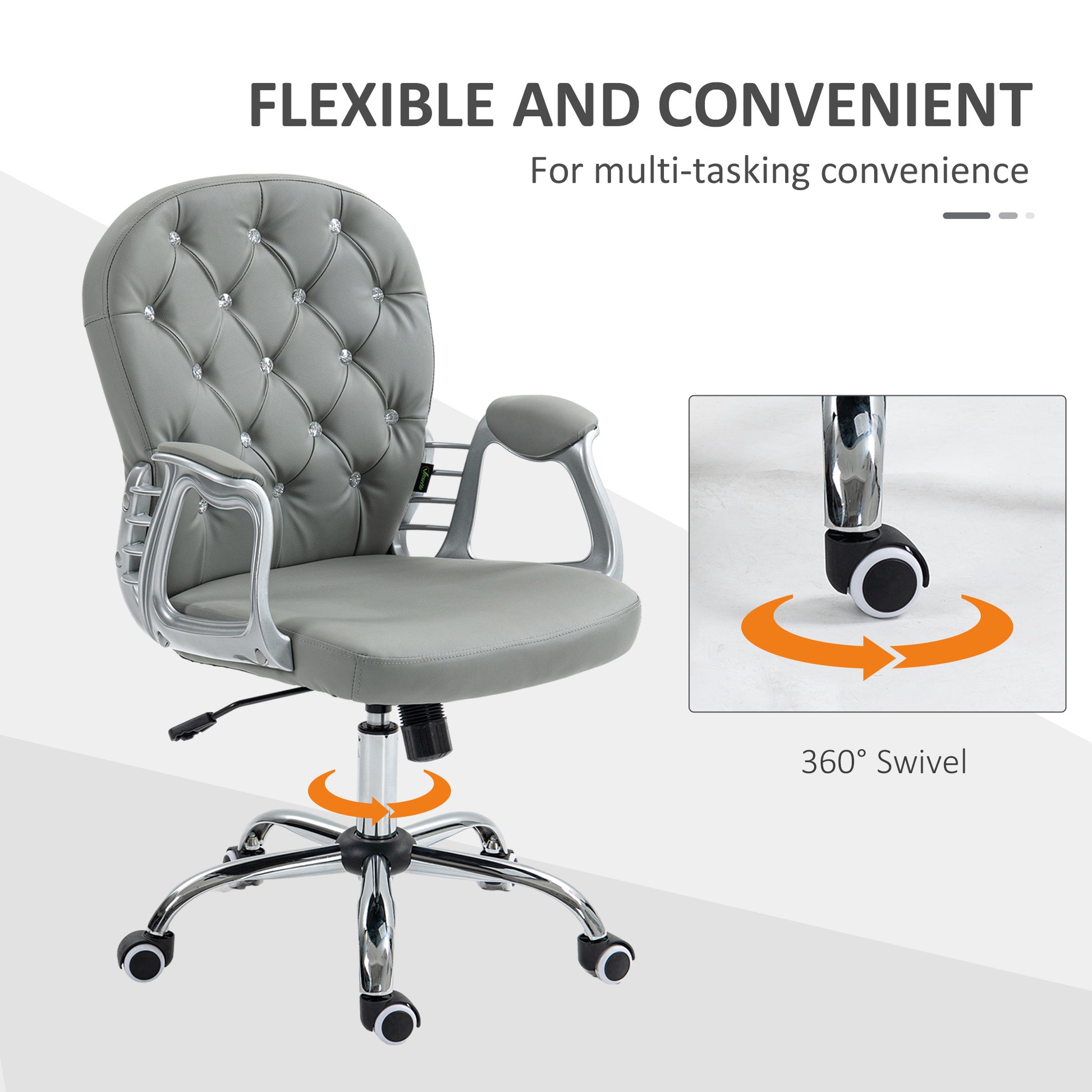 Vinsetto Ergonomic Computer Desk Chair with 360° Swivel, PU Diamante Padded, Base 5 Castor Wheels in Grey-4