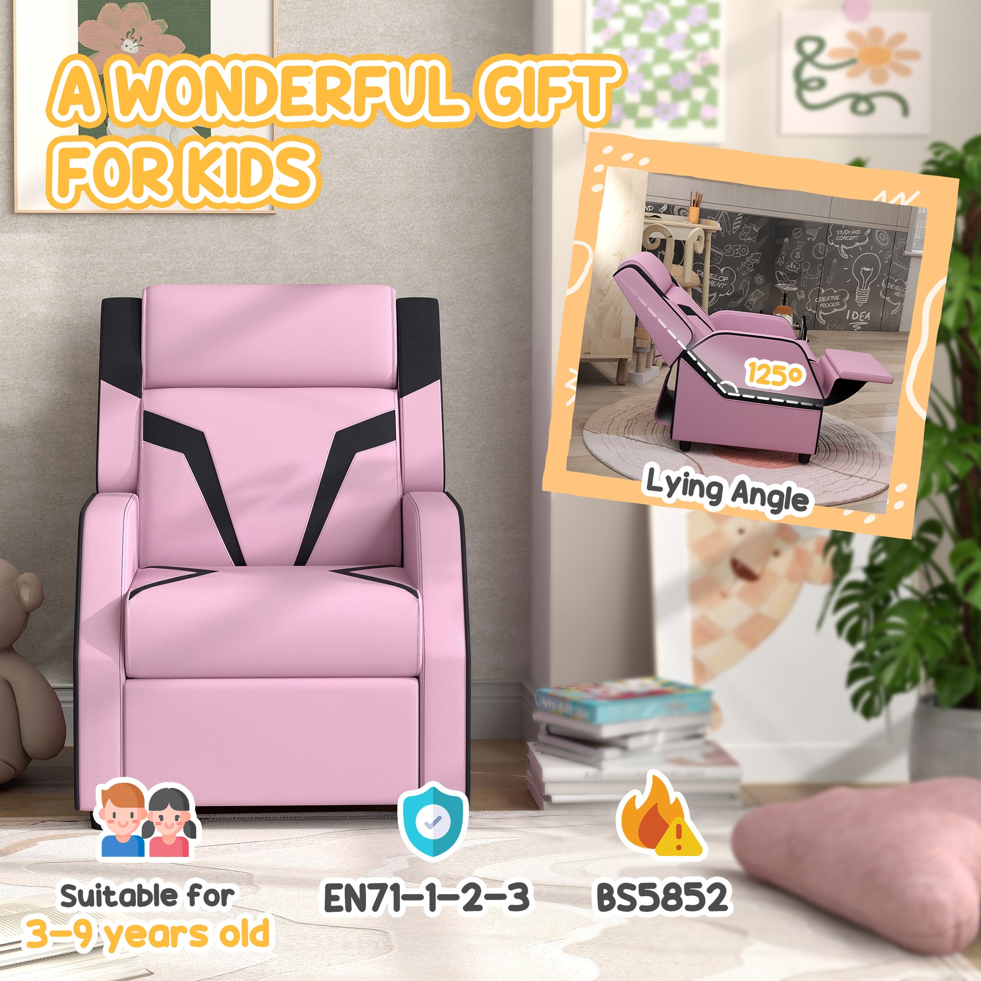 Pink Kids Reclining Chair with Backrest, Armrest, Footrest, PU Leather, for 3-9 Years Old by AIYAPLAY-6