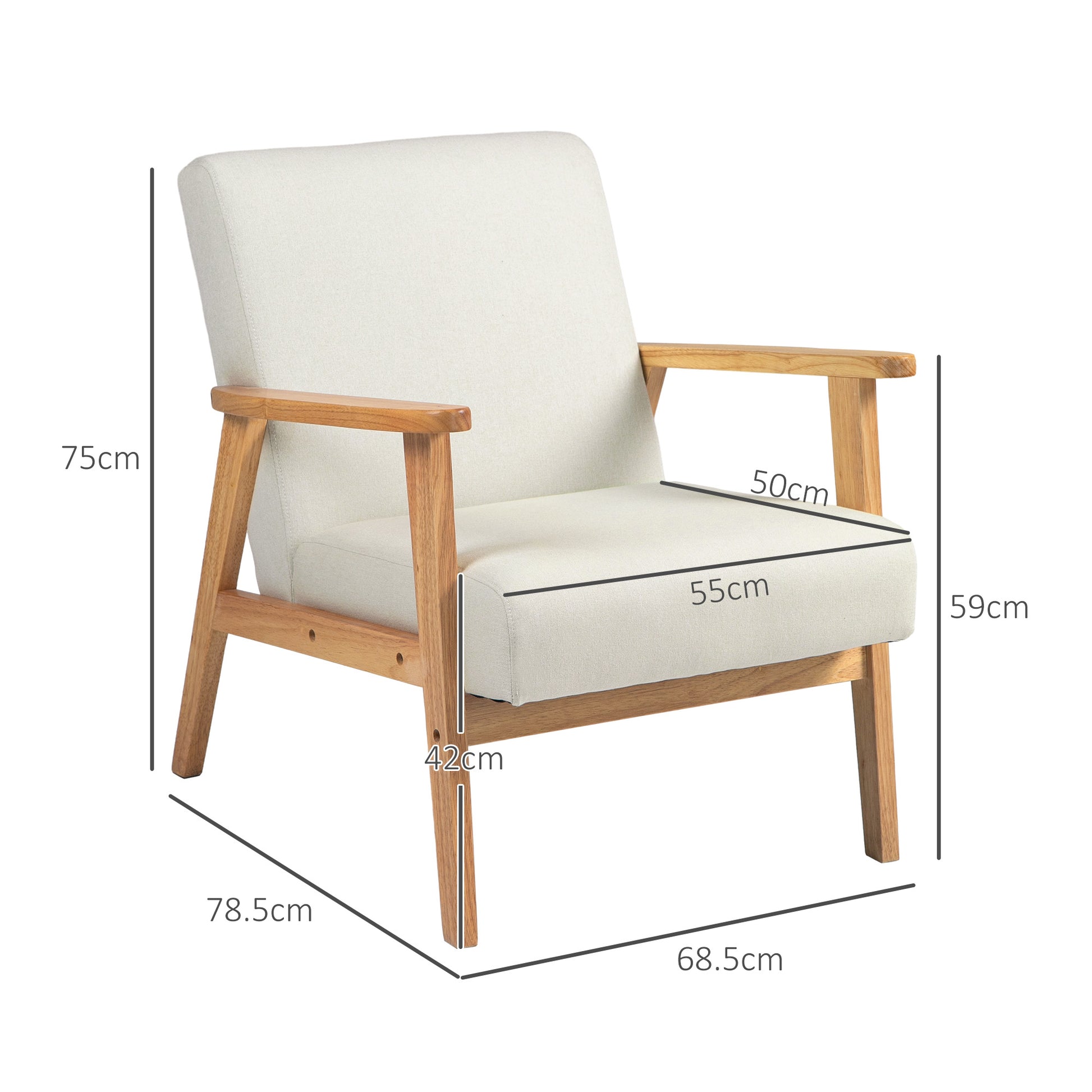 HOMCOM Fabric Accent Chair for Living Room, Arm Chair with Rubber Wood Frame and Padded Cushion in Cream White-1