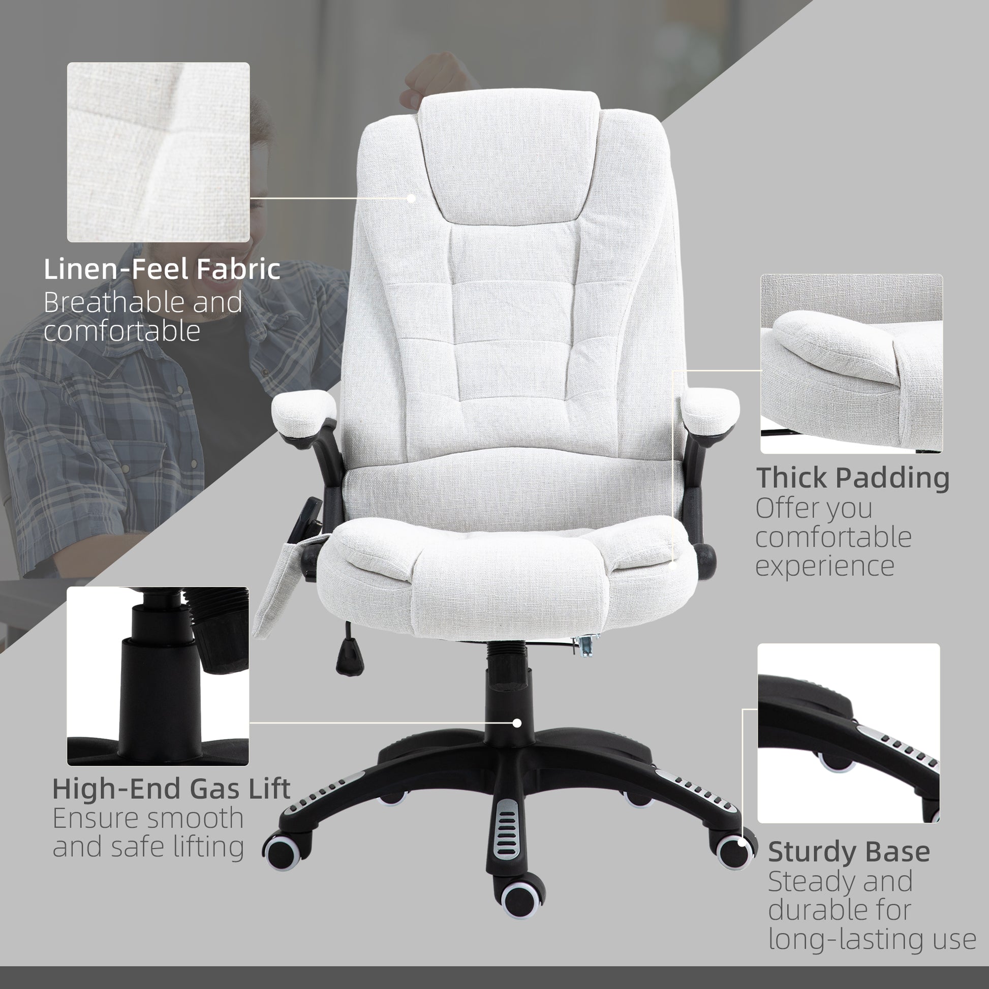 Vinsetto Massage Office Chair with 6 Heated Vibration Points, Executive Office Chair with Linen-Feel Fabric 360°, Swivel Wheels in Cream White-7