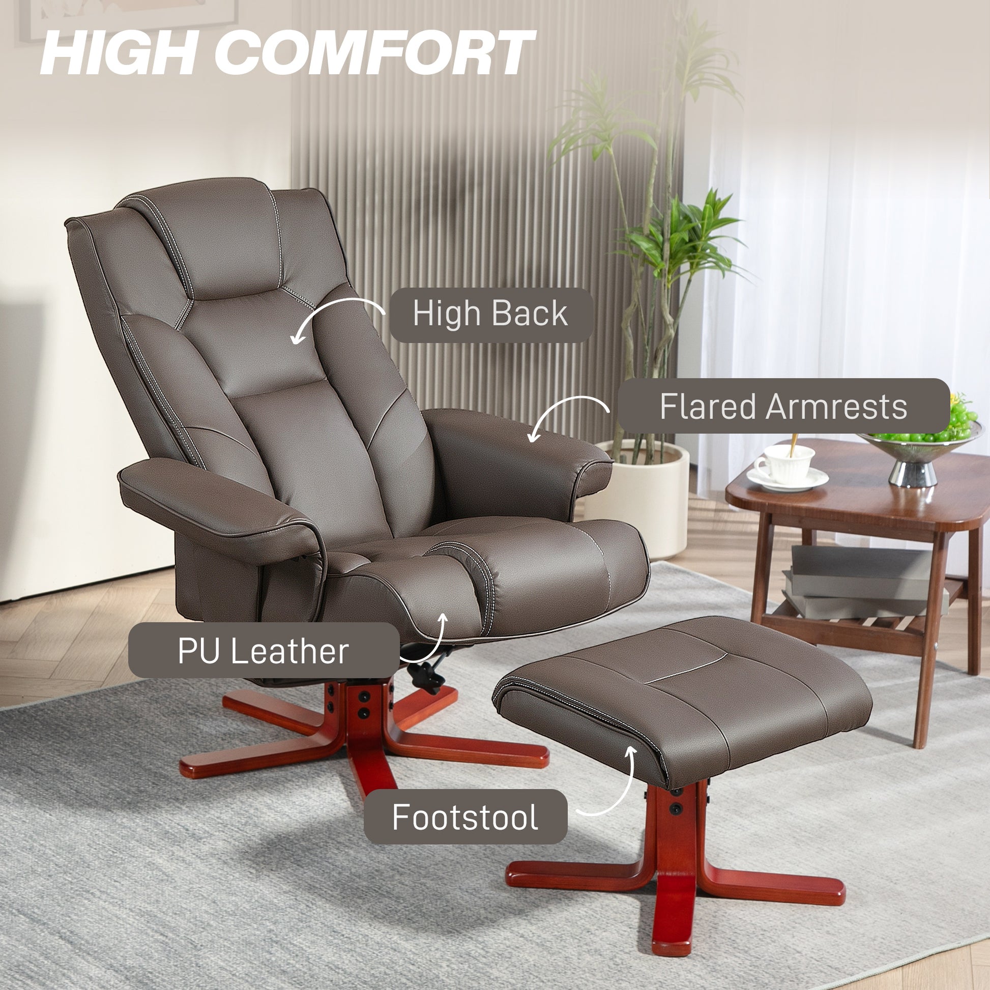 HOMCOM Faux Leather Manual Recliner and Footstool Set in Brown-4