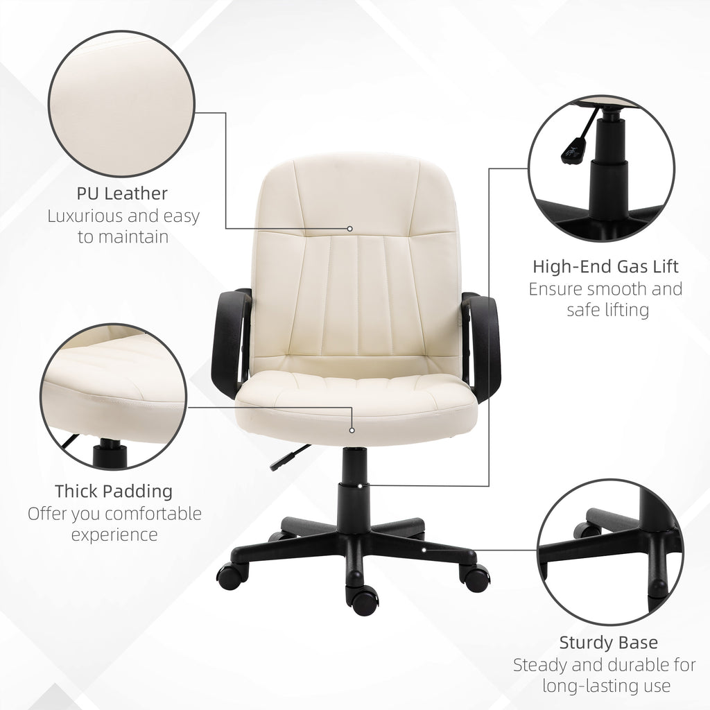 Cream Swivel Executive Office Chair Mid Back PU Leather Home Computer Desk Chair for Adults with Arm, Wheels | HOMCOM-4