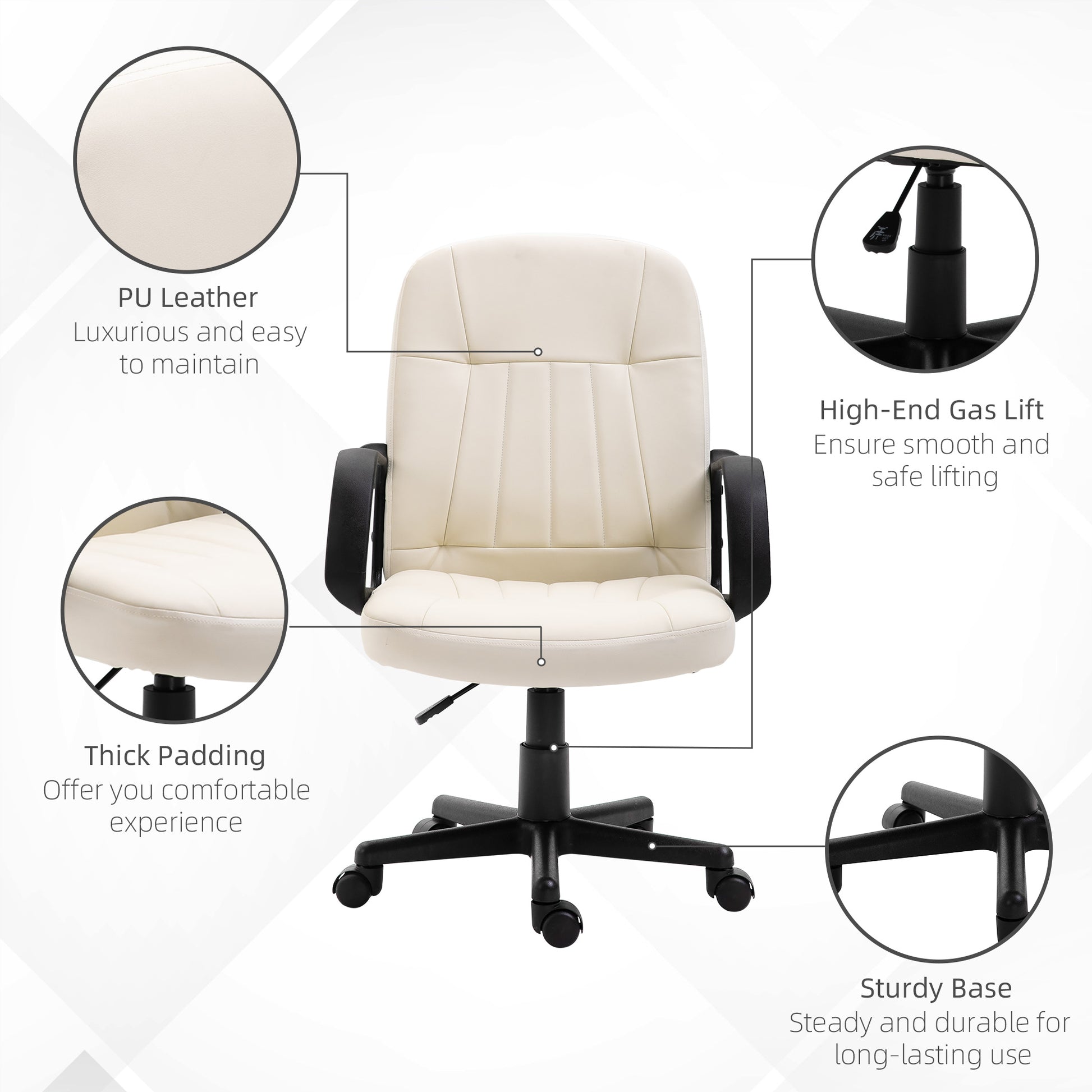 Cream Swivel Executive Office Chair Mid Back PU Leather Home Computer Desk Chair for Adults with Arm, Wheels | HOMCOM-4