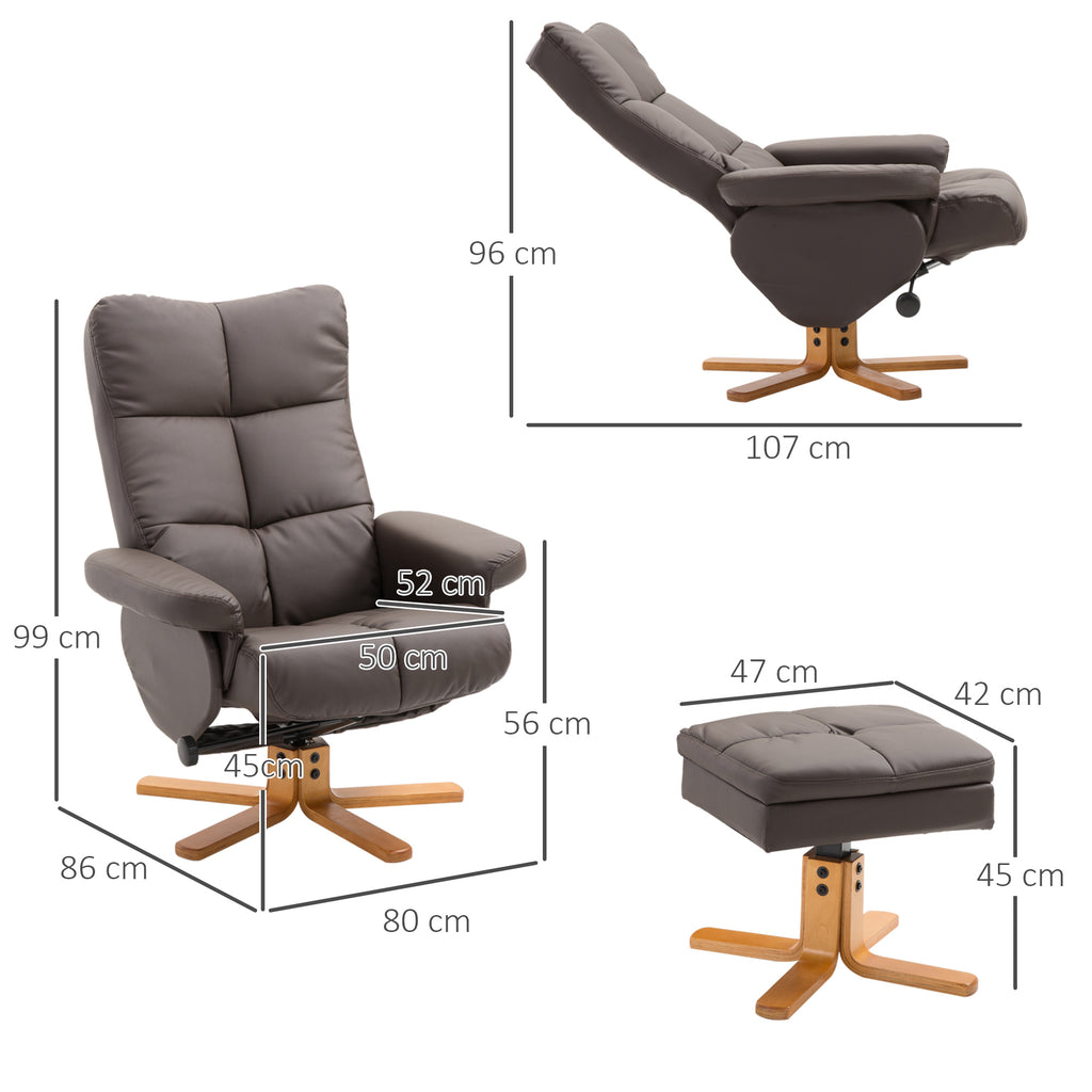 Faux Leather Swivel Recliner Chair with Footstool, Armchair with Wooden Base and Storage for Living Room in Brown | HOMCOM-1