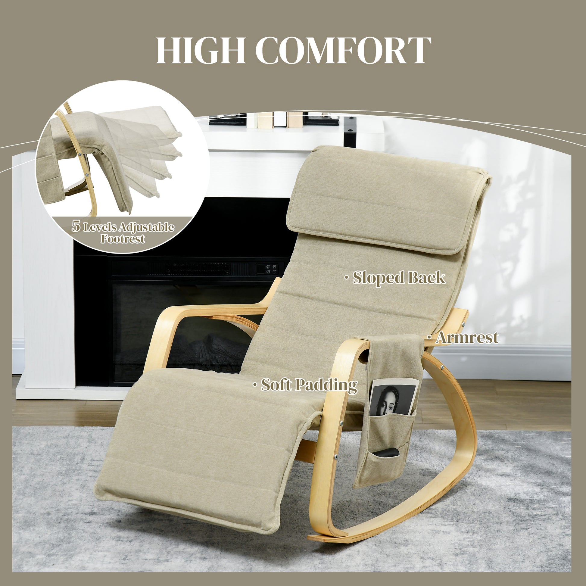 Rocking Lounge Chair Recliner Relaxation Lounging Relaxing Seat with Adjustable Footrest, Side Pocket and Pillow, Cream White by HOMCOM-3