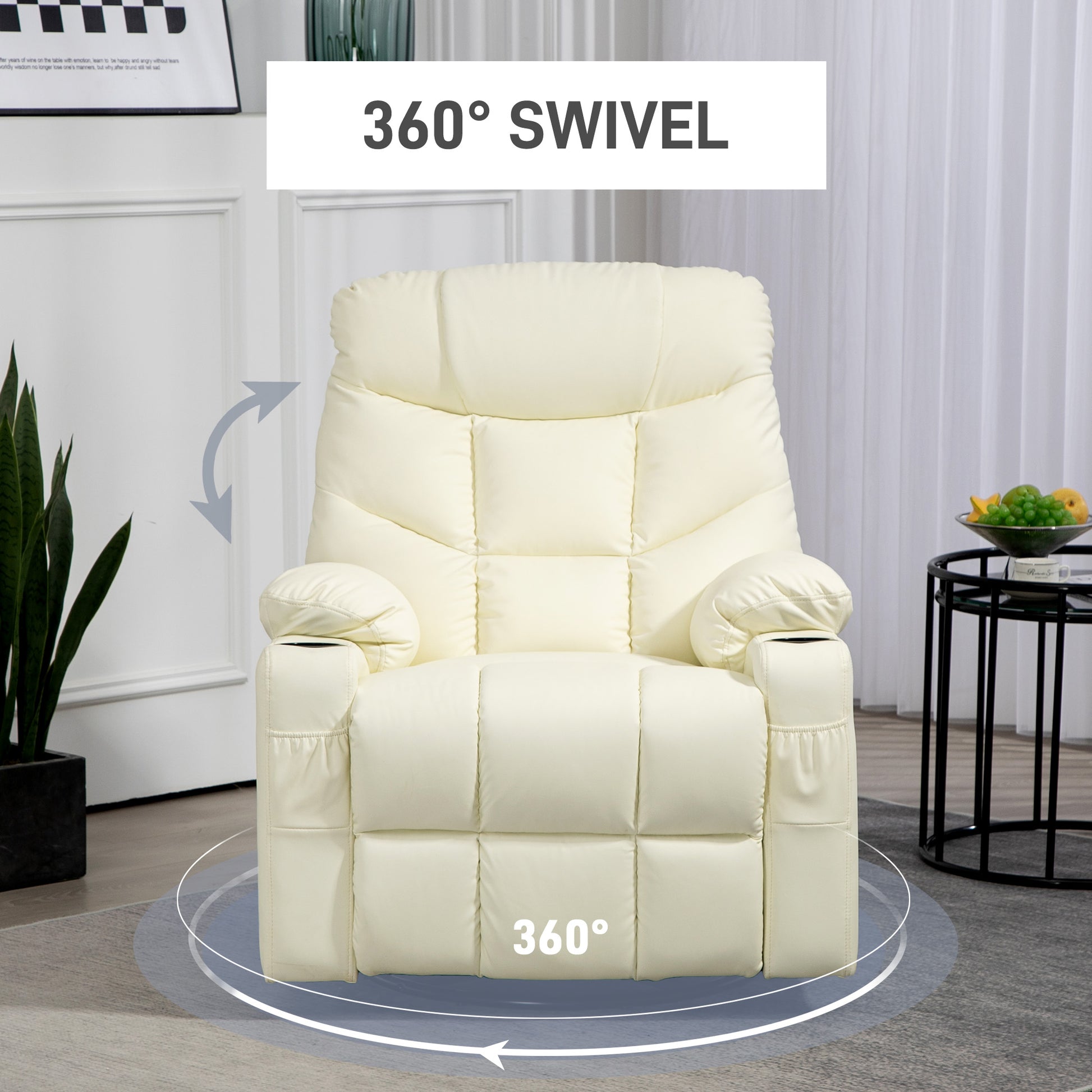 Manual Reclining Chair, Recliner Armchair with Swivel, Faux Leather, Footrest, Cup Holders, 86x93x102cm, Cream | HOMCOM-3