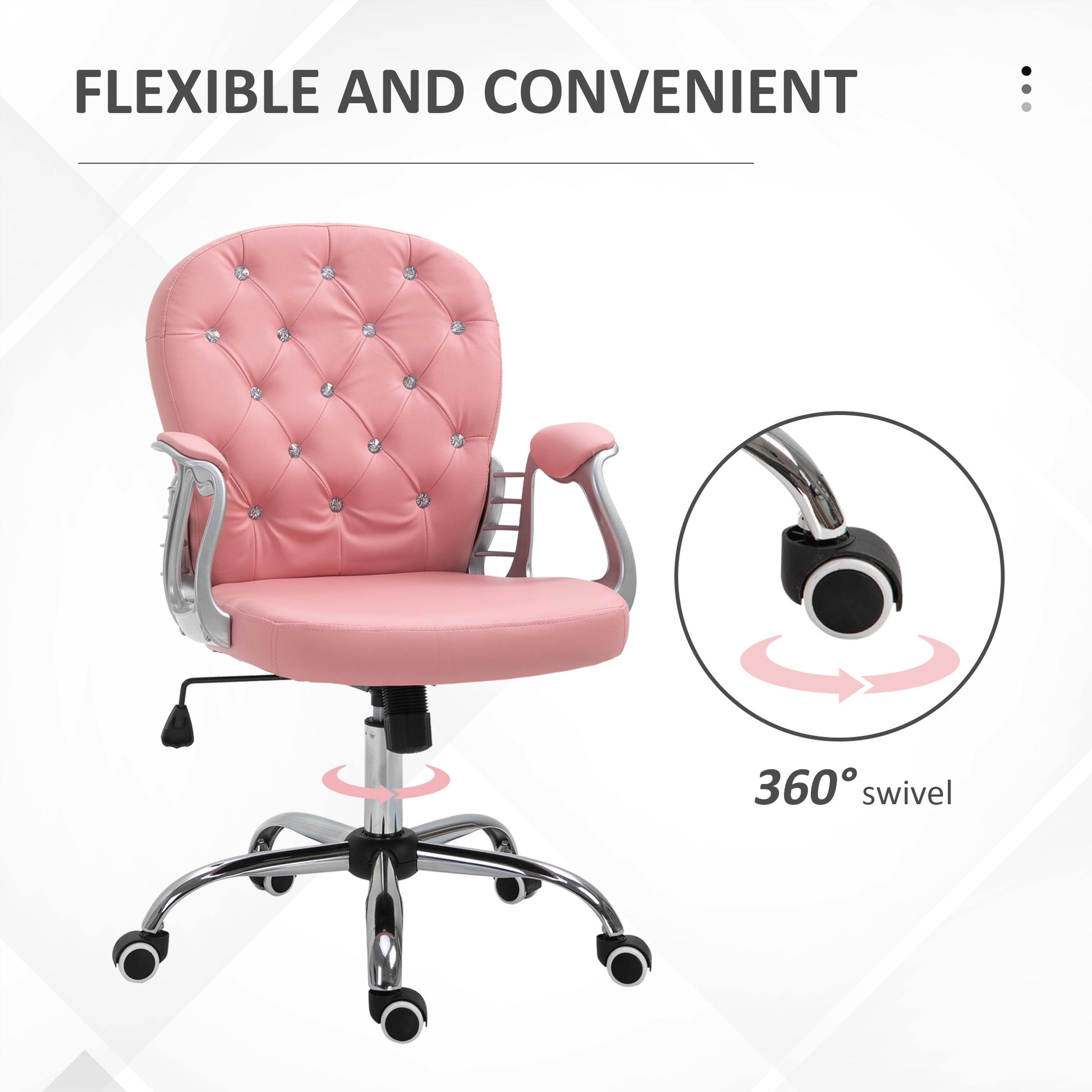 Pink Computer Desk Chair with 360° Swivel, PU Diamante Padded, Base 5 Castor Wheels, Ergonomic Desk Chair by Vinsetto-4