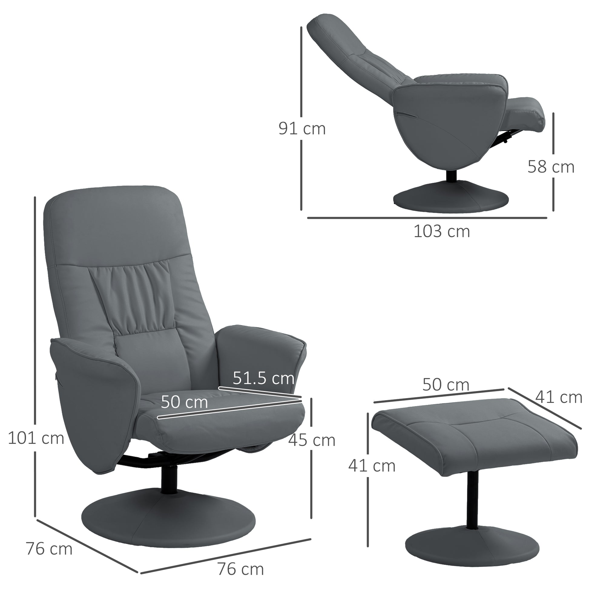 Swivel Recliner Chair with Footstool, PU Leather Armchair and Ottoman with High Back and Round Base for Living Room in Grey | HOMCOM-1