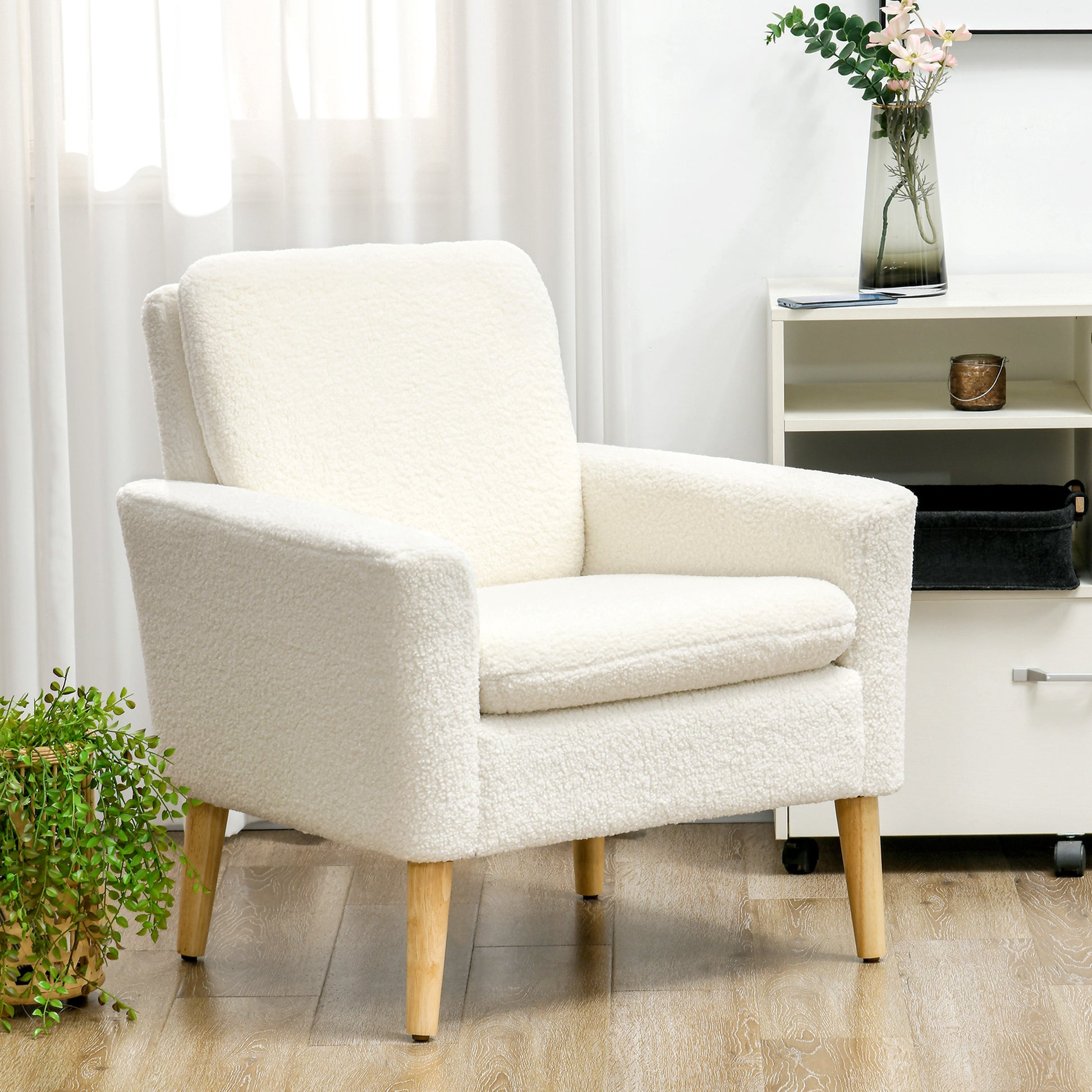 Modern Armchair, Upholstered Accent Chair with Wood Legs and Wide Padded Seat, Teddy Occasional Chair, Cream White | HOMCOM-8