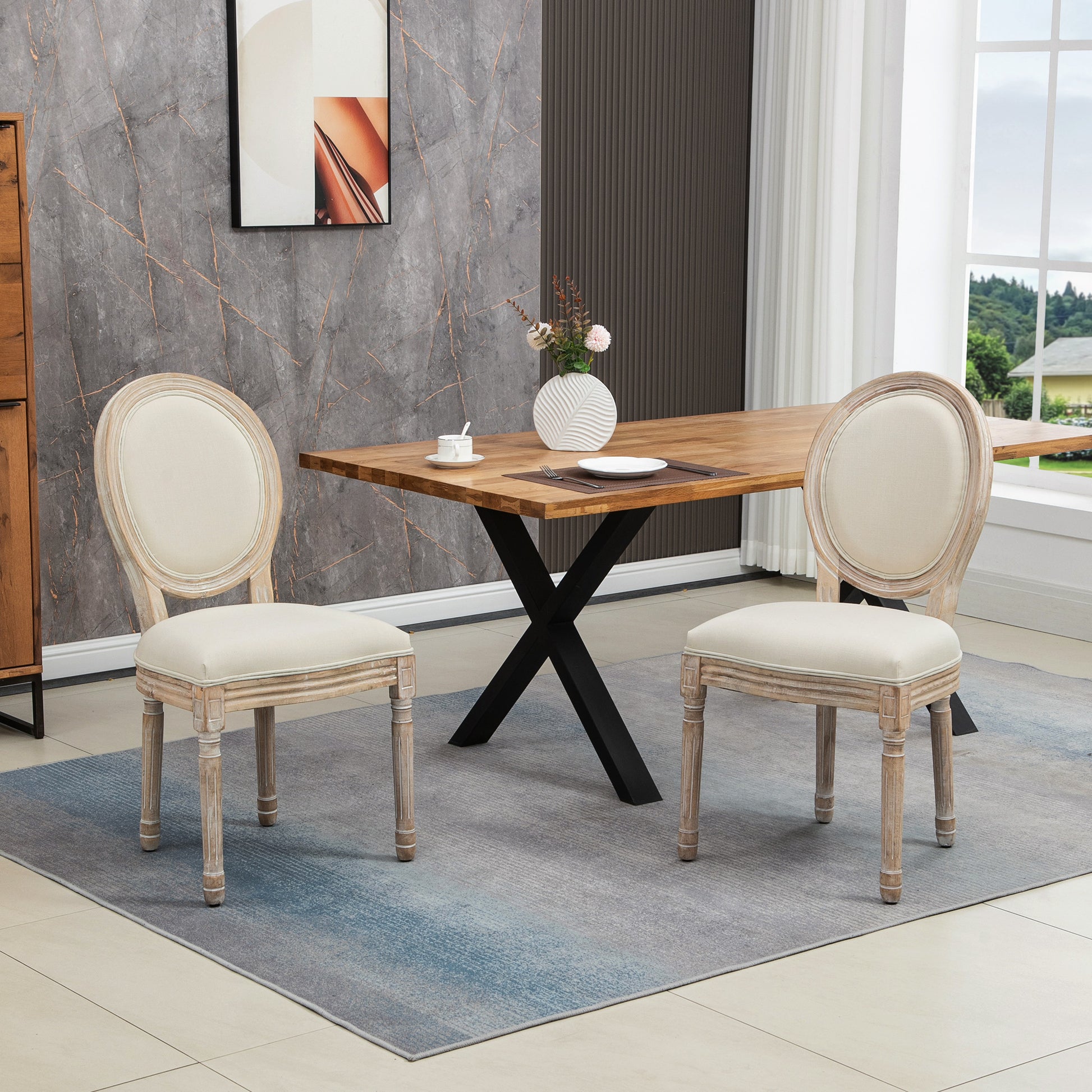 Dining Chairs Set of 2, French-Style Kitchen Chairs, Armless Accent Chairs with Backrest and Linen-Touch Upholstery, Cream | HOMCOM-8