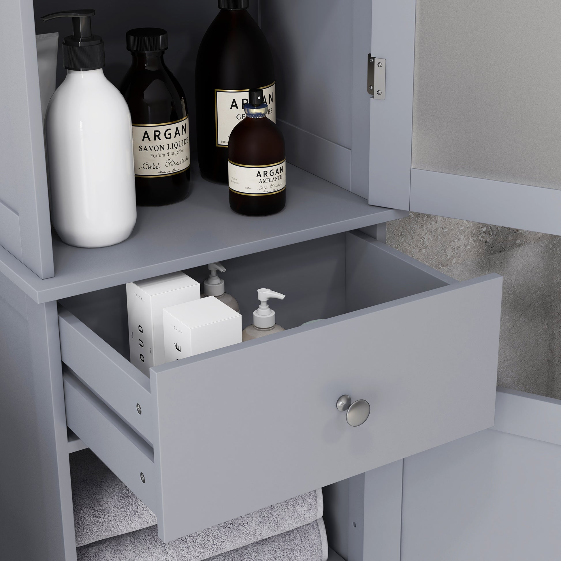 kleankin Bathroom Storage Cabinet with 3-tier Shelf Drawer Door, Floor Cabinet Free Standing Tall Slim Side Organizer Shelves in Grey