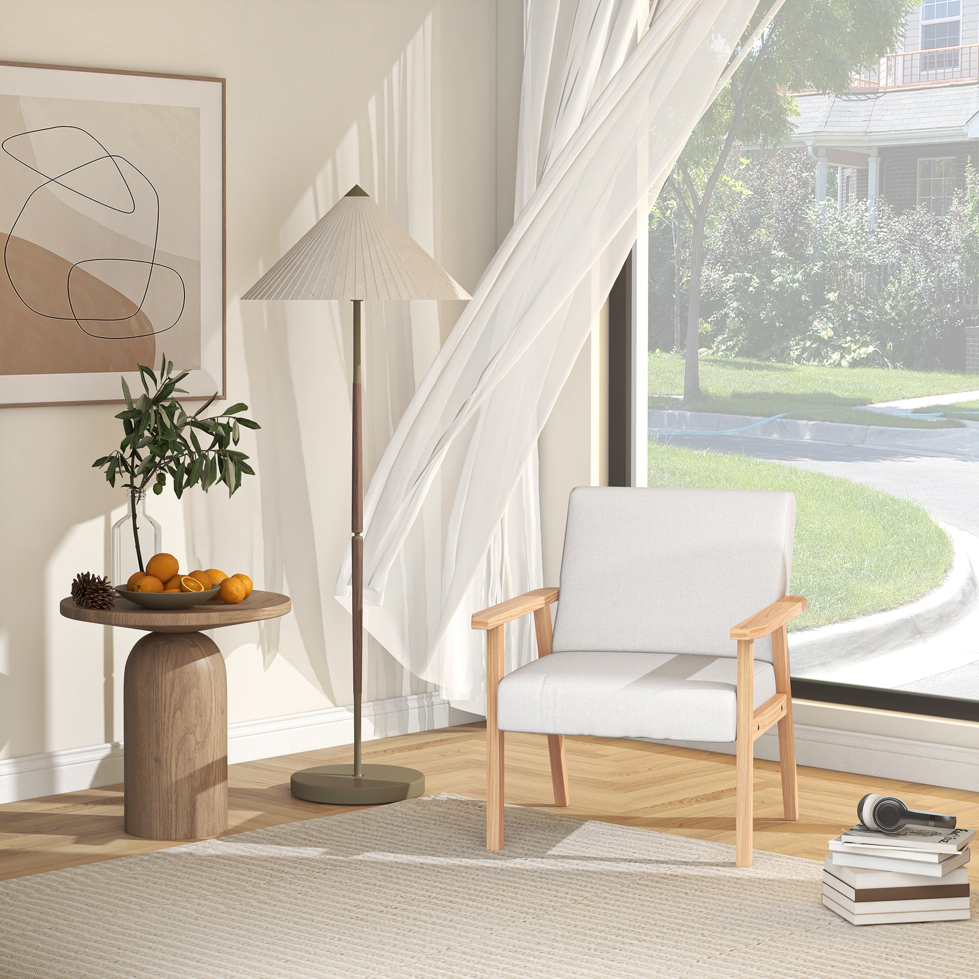 Accent Occasional Chair with Wood Frame, Thick Linen Cushions Wide Seat Armchair Home Furniture Bedroom Office, Cream White by HOMCOM-5