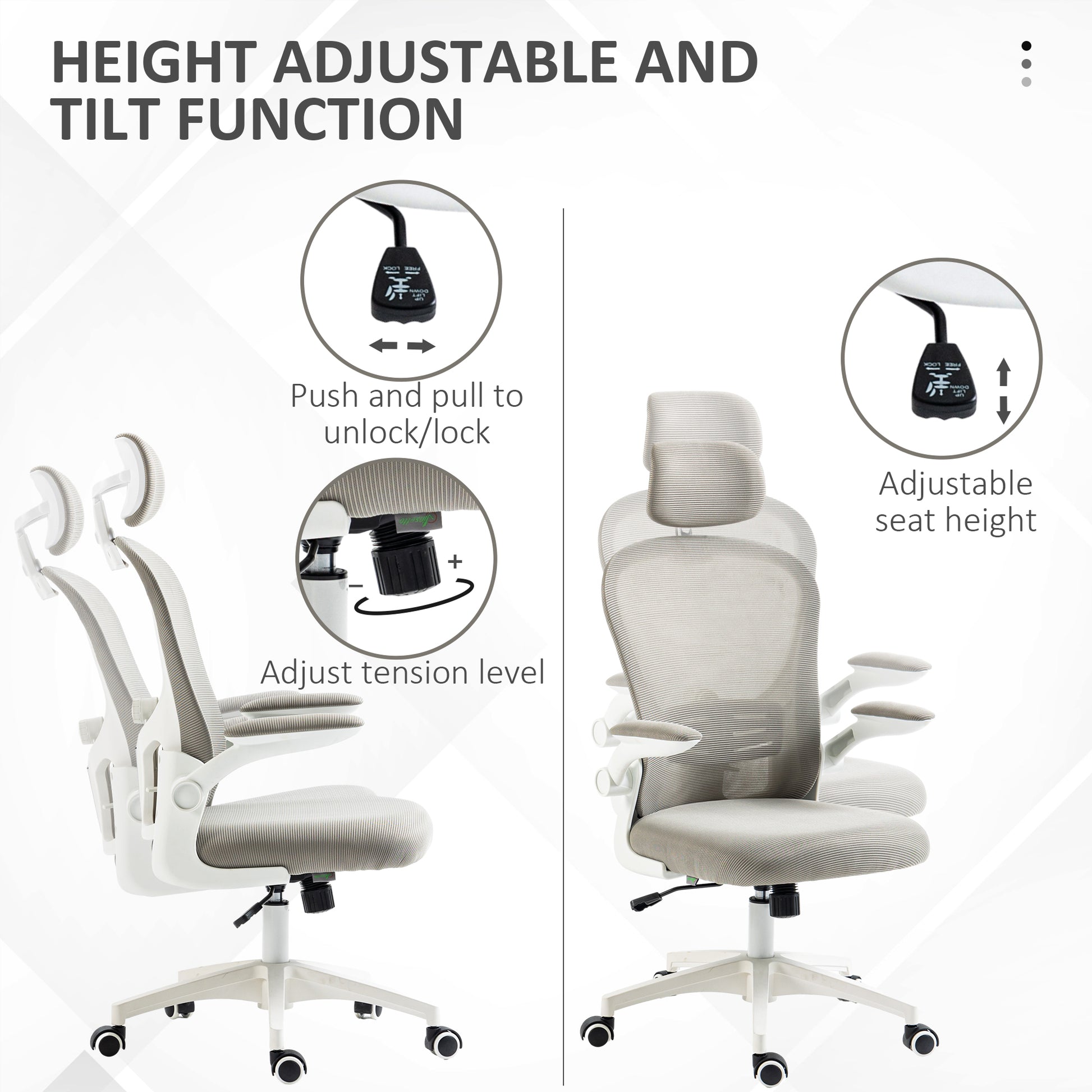 Vinsetto Multi-Adjustable Office Chair, with Lumbar Support, Headrest and Mesh Back in Grey-2