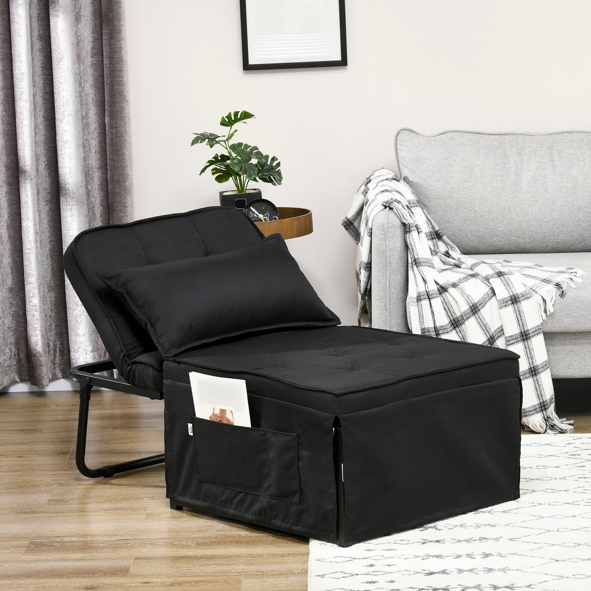 HOMCOM Fabric Sleeper Chair, Folding Chair Bed with Adjustable Backrest, Pillow, Side Pockets for Living Room, Black-8