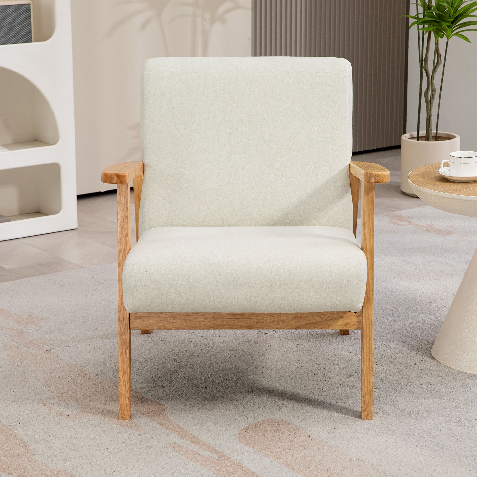 HOMCOM Fabric Accent Chair for Living Room, Arm Chair with Rubber Wood Frame and Padded Cushion in Cream White-4