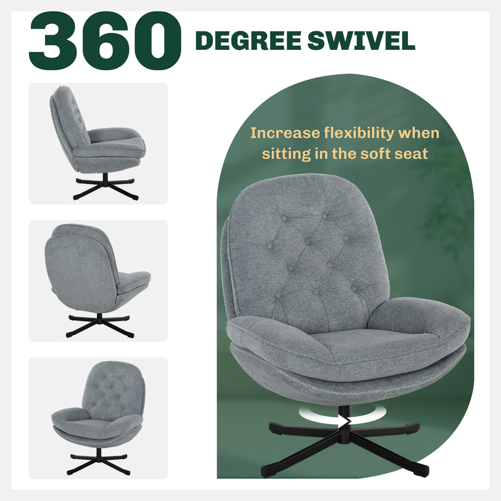 HOMCOM Armchair with 360 Degree Swivel and Wide Padded Seat, Upholstered Accent Chair with Water-Repellent Chenille Fabric Occasional Chair for Living Room Bedroom Home Office Reception Balcony in Grey-2