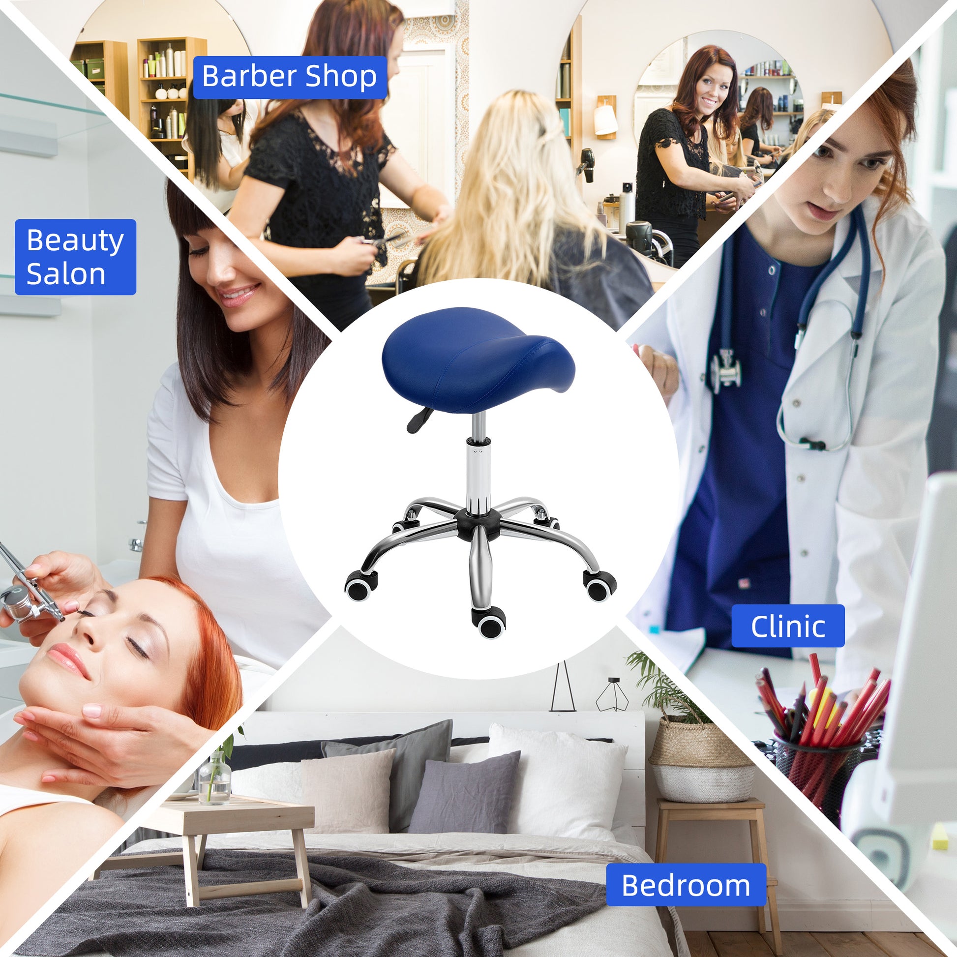 Saddle Stool, Height Adjustable Salon Chair for Massage Spa, Faux Leather, Dark Blue | HOMCOM-3