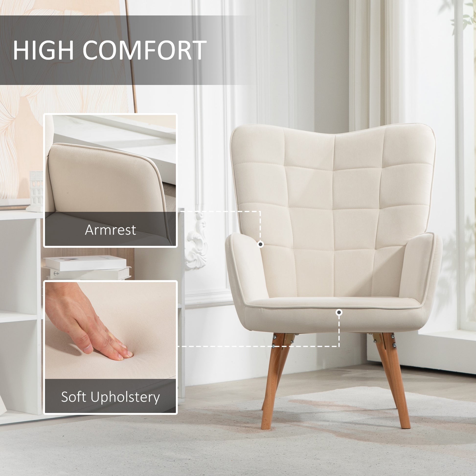 HOMCOM Modern Accent Chair Velvet-Touch Tufted Wingback Armchair Upholstered Leisure Lounge Sofa Club Chair with Wood Legs, Cream White-2