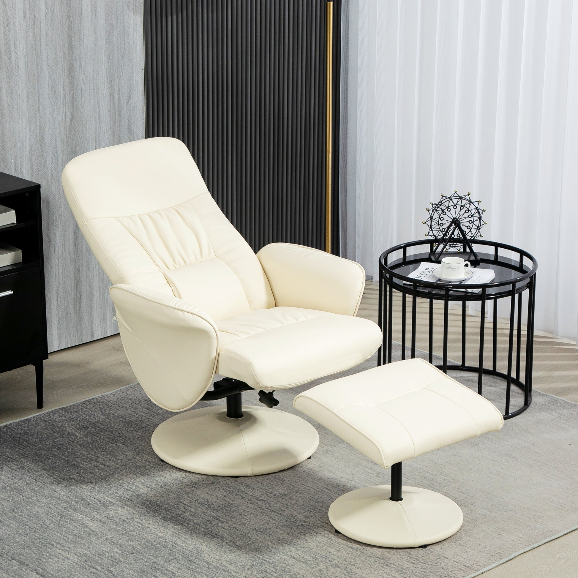 Swivel Recliner Chair with Footstool, PU Leather Armchair and Ottoman with High Back and Round Base for Living Room, Cream White | HOMCOM-8