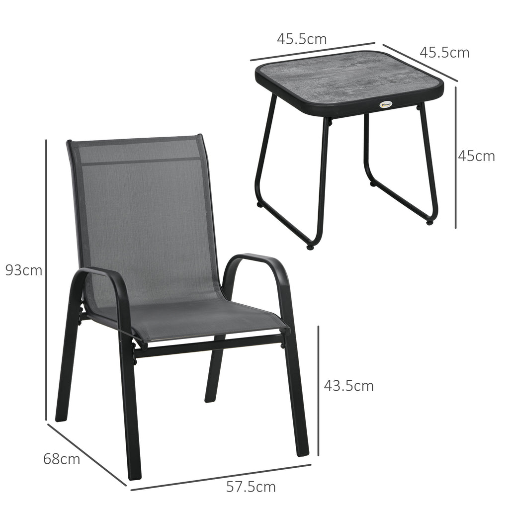 Outsunny 3 Pieces Outdoor Bistro Set, Patio Stackable Armchairs with Breathable Mesh Fabric and SPC Board Coffee Table, Light Grey-1