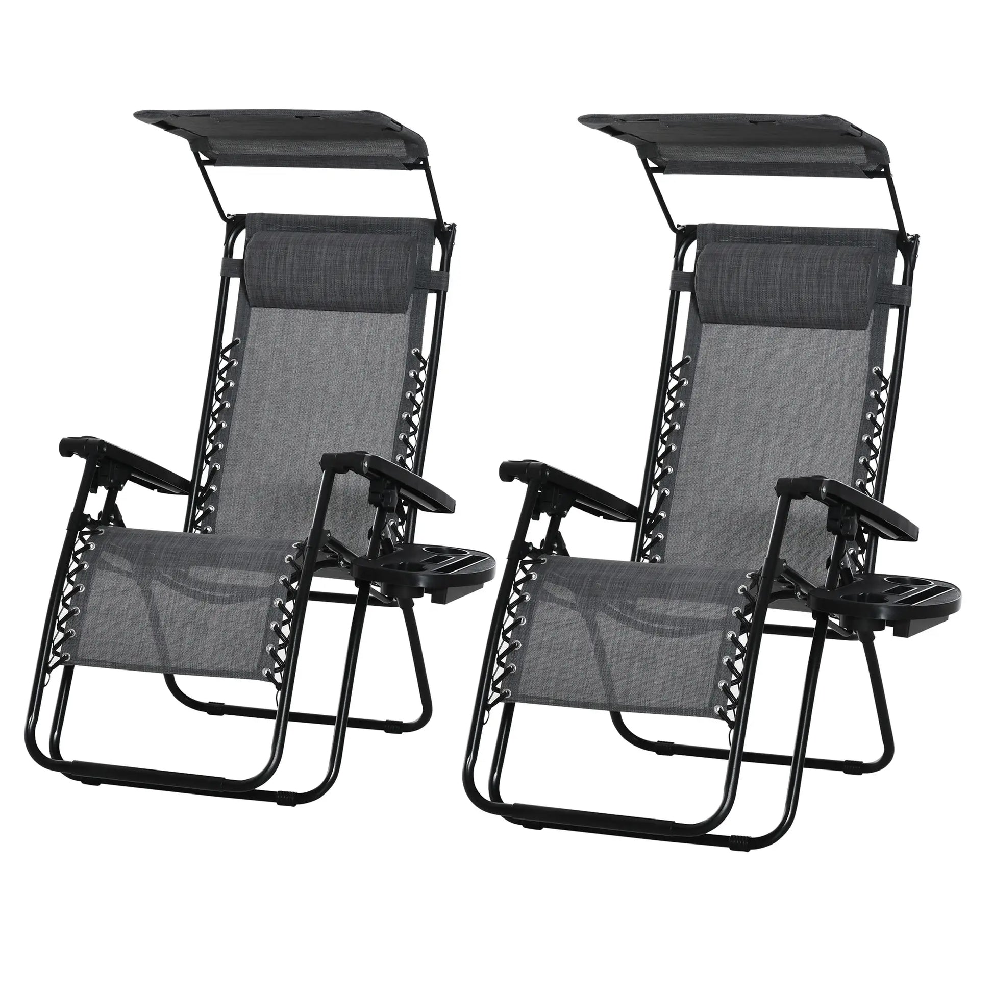 2 Piece Foldable Reclining Garden Chair with Headrest, Zero Gravity Deck Sun Lounger Seat Chair with Footrest, Armrest, Cup Holder & Canopy Shade, Light Grey by Outsunny-0