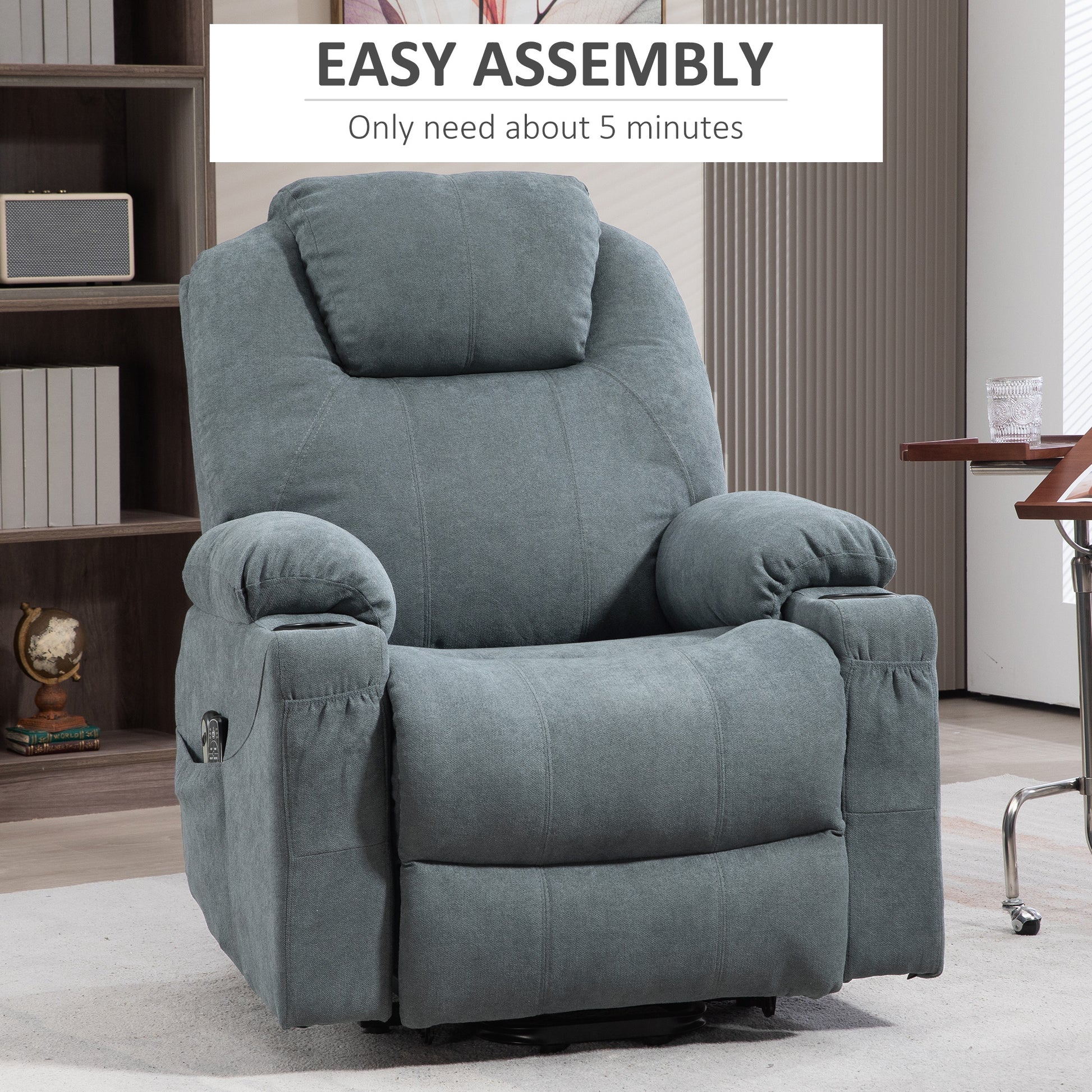 HOMCOM Charcoal Grey Lift Chair, Quick Assembly, Riser and Recliner Chair with Vibration Massage, Heat, Cup Holders-6