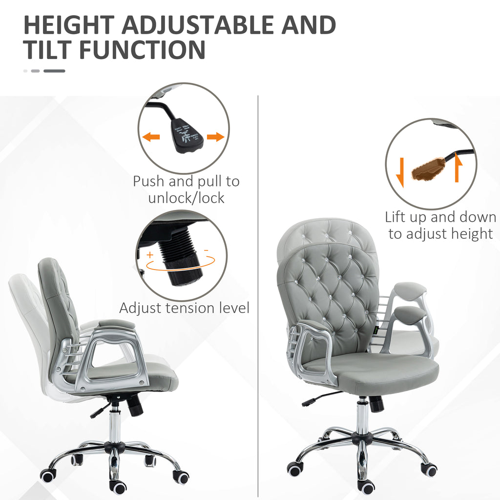 Vinsetto Ergonomic Computer Desk Chair with 360° Swivel, PU Diamante Padded, Base 5 Castor Wheels in Grey-2